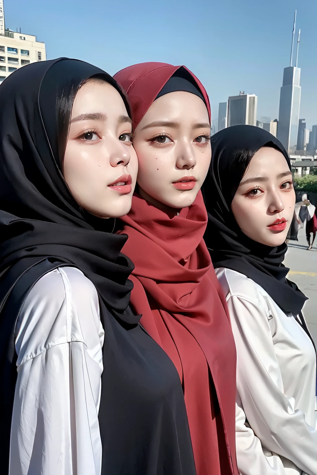 Threesome girls, wear hijab, ((Best quality, 8k, Masterpiece :1.37), multiple people wear hijab, (threesome girl hijabs moslem), Big Breasts:1.5, Beautiful face, Ultra-HD Face, Face Lighting, Lips laughed lightly, position:Open Legs:1.5, close up photo, (Photo Full Body), (three girls wear hijab muslim), wear hijab muslim, tall building background, (Blue sky view, :1.1), face very detailed, detailed red lips, detailed eyes, (korean eyes), double eyelids, detailed nose, detailed legs, (threesome girls wear hijab moslem)