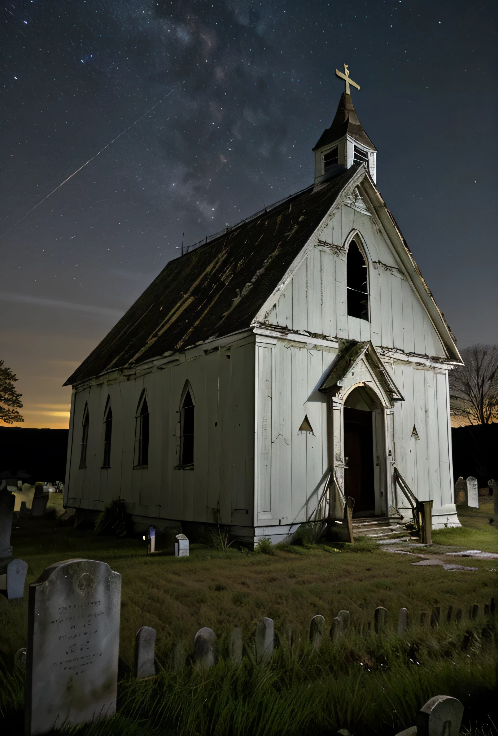 andrew wythe style, very old neglected church, white wood siding, deteriorated, out in a field, graveyard, night time