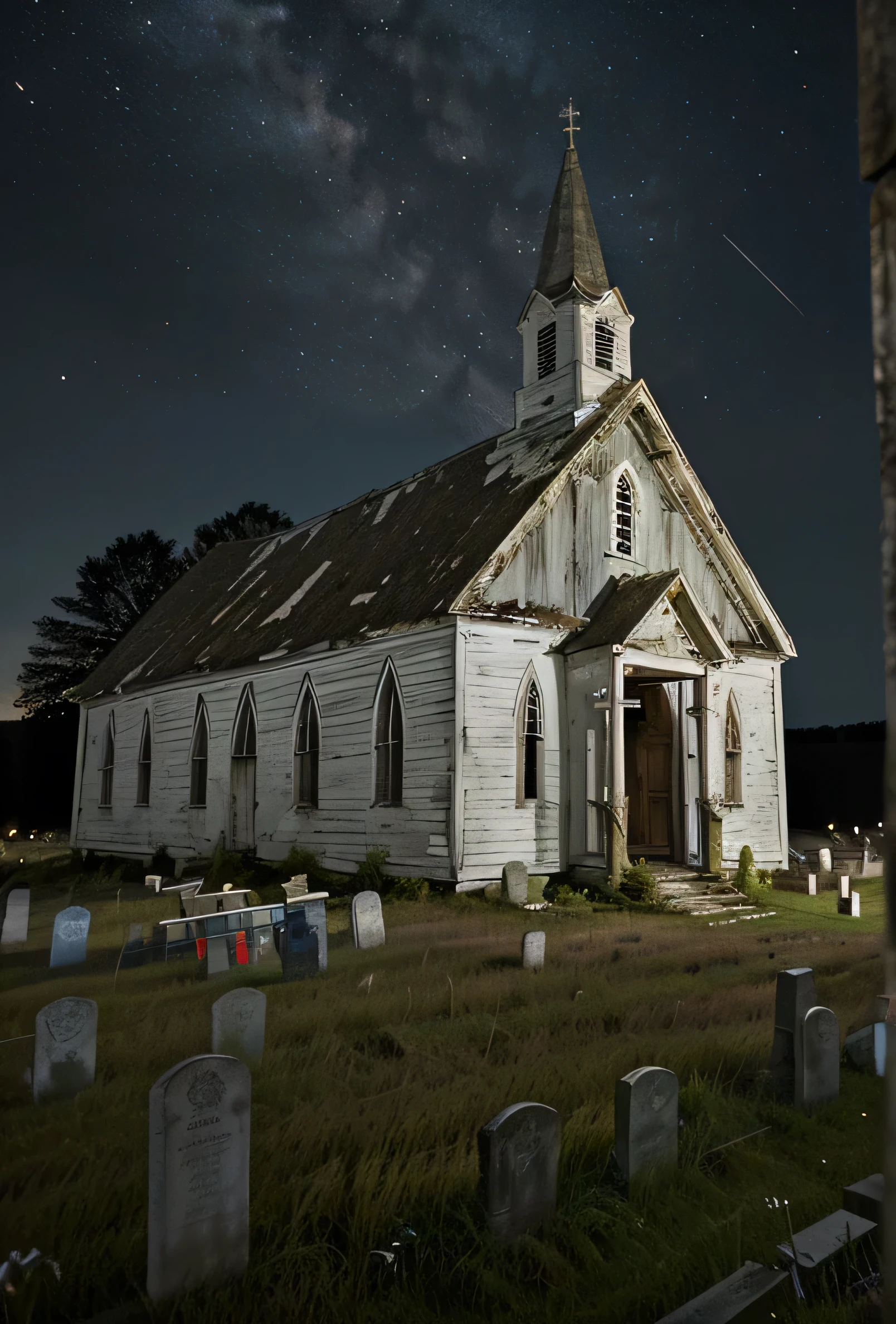 andrew wythe style, very old neglected church, white wood siding, deteriorated, out in a field, graveyard, night time