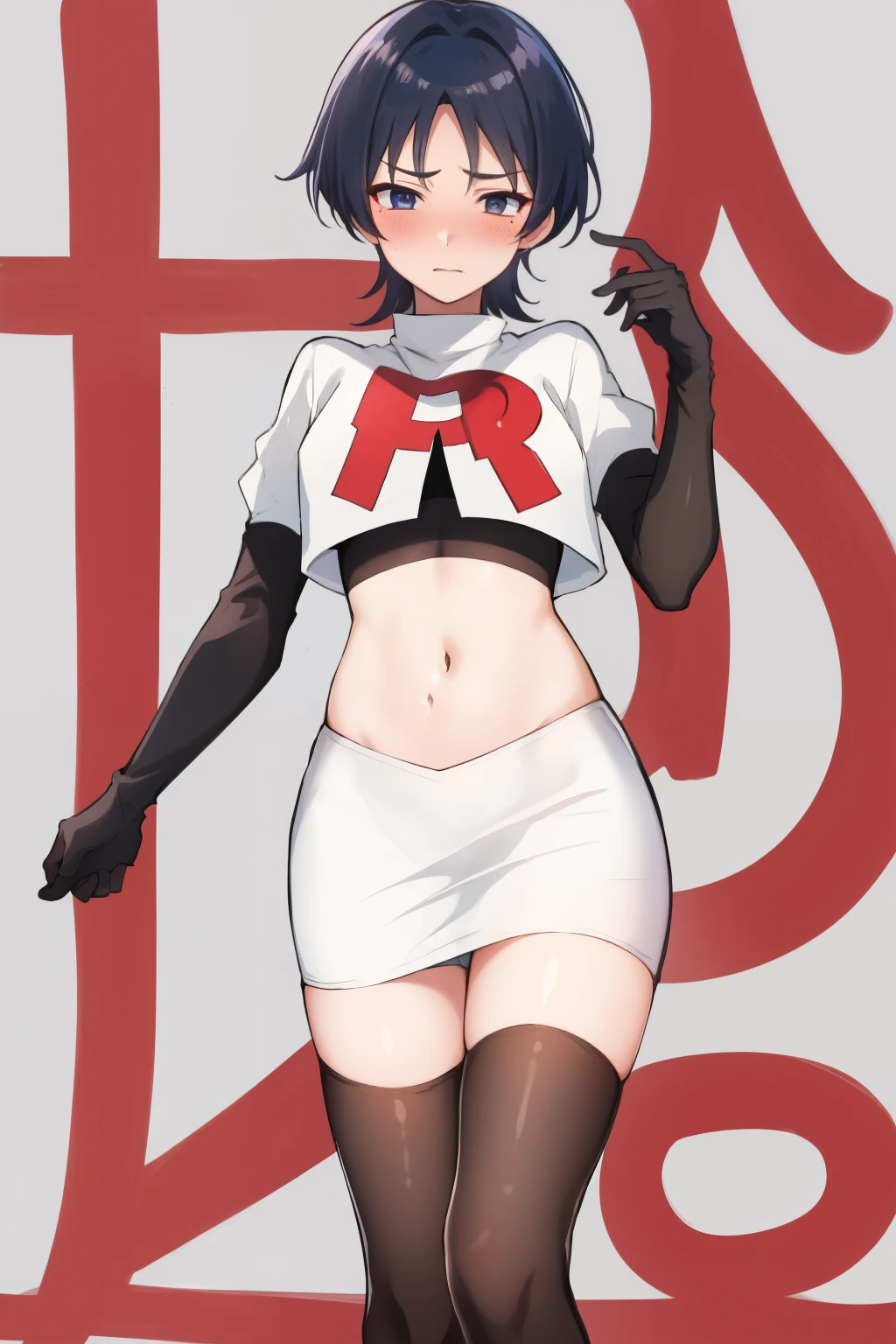 absurdres,masterpiece, trap, best quality, highres, high quality, 1boy, solo, male focus, hair, crossdressing,1boy,team rocket,team rocket uniform,white skirt,red letter R,crop top,black thigh-highs,black elbow gloves, embarrassed, blush