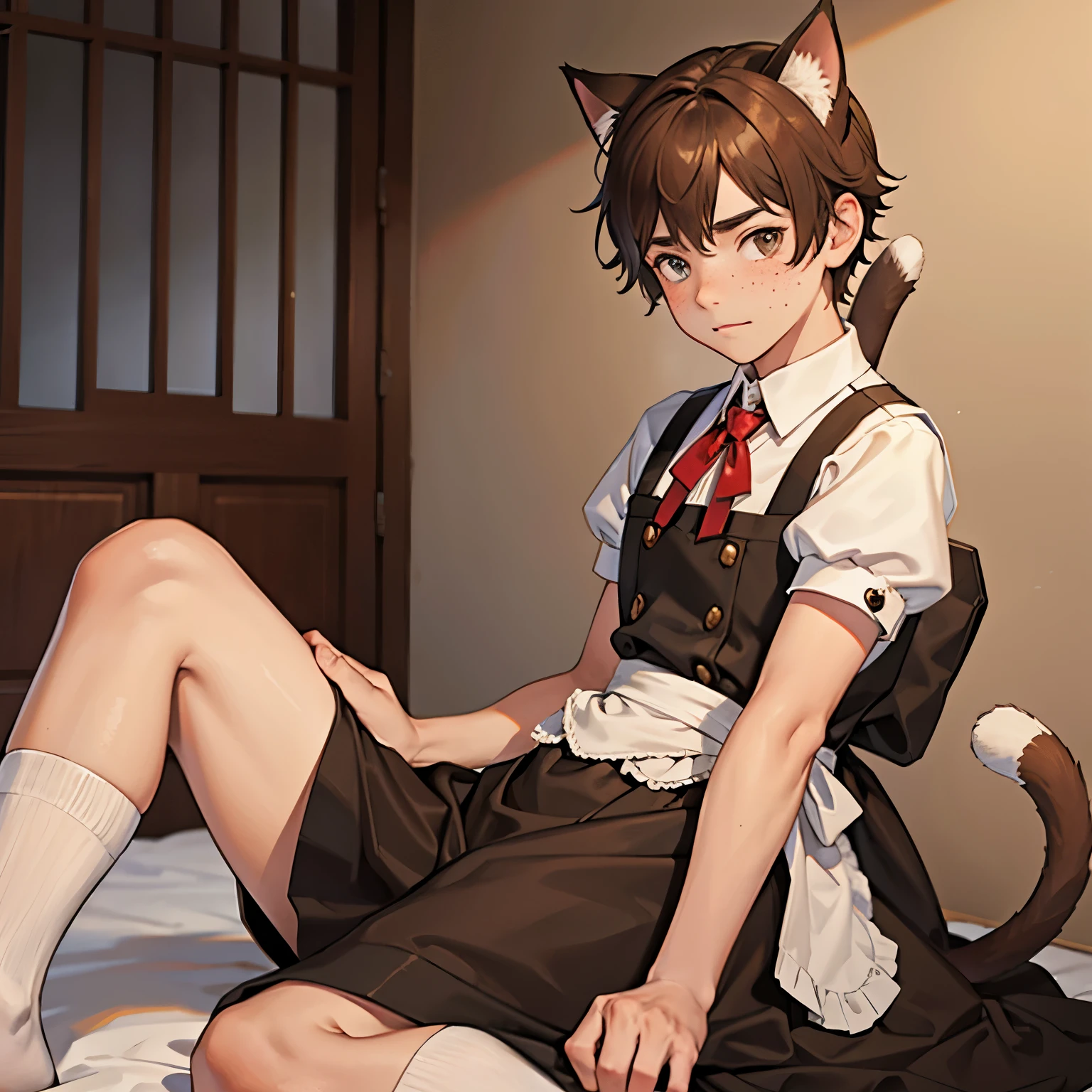1 boy, solo, twink, freckles, brown hair, cat ears and tail, maid clothes