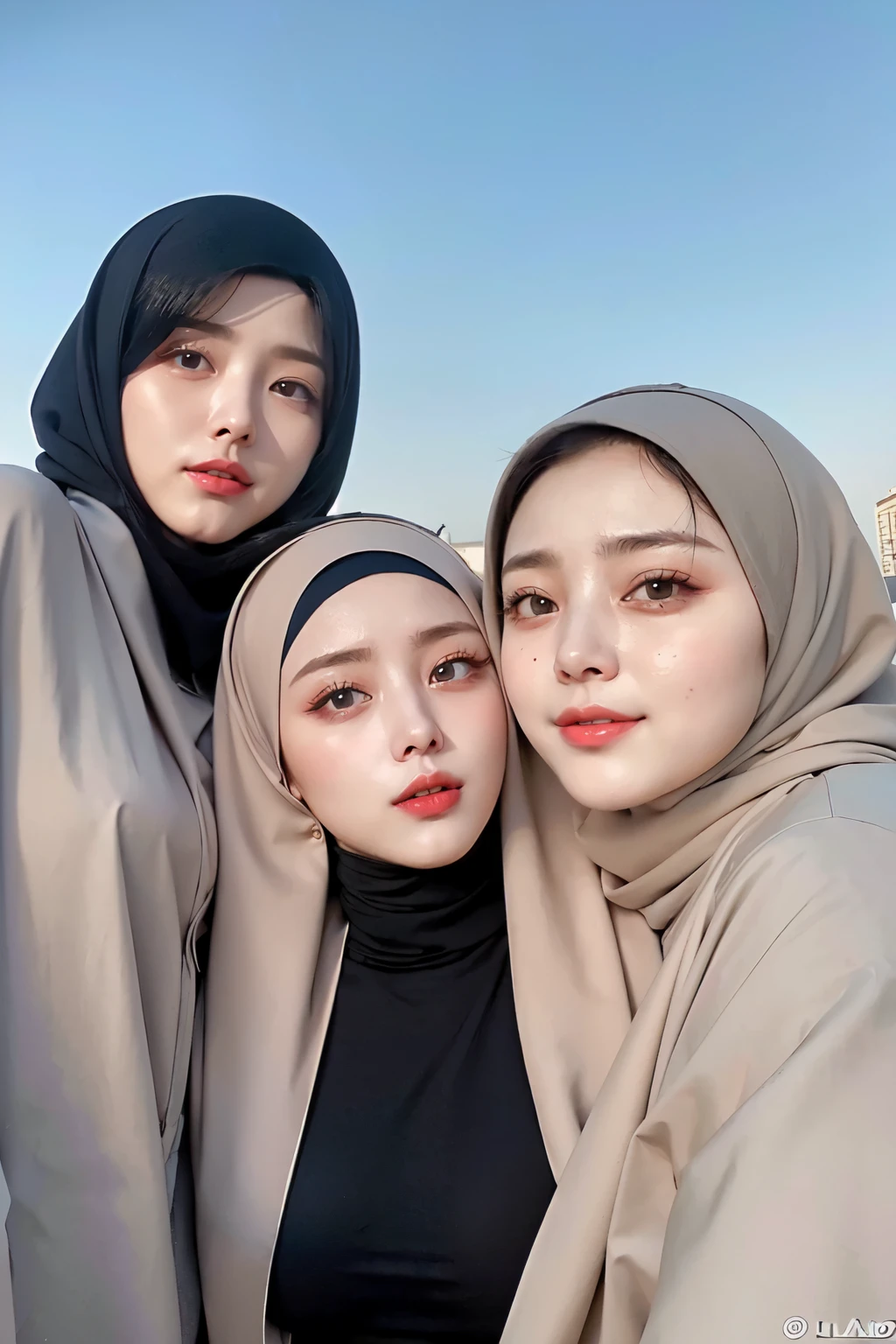 Threesome girls, wear hijab, ((Best quality, 8k, Masterpiece :1.37), multiple people wear hijab, (threesome girl hijabs moslem), Big Breasts:1.5, (Nude Body), Beautiful face, Ultra-HD Face, Face Lighting, Lips laughed lightly, position:Open Legs:1.5, close up photo, (Photo Full Body), (three girls wear hijab muslim), wear hijab muslim, tall building background, (Blue sky view, :1.1), face very detailed, detailed red lips, detailed eyes, (korean eyes), double eyelids, detailed nose, detailed legs, (threesome girls wear hijab moslem)