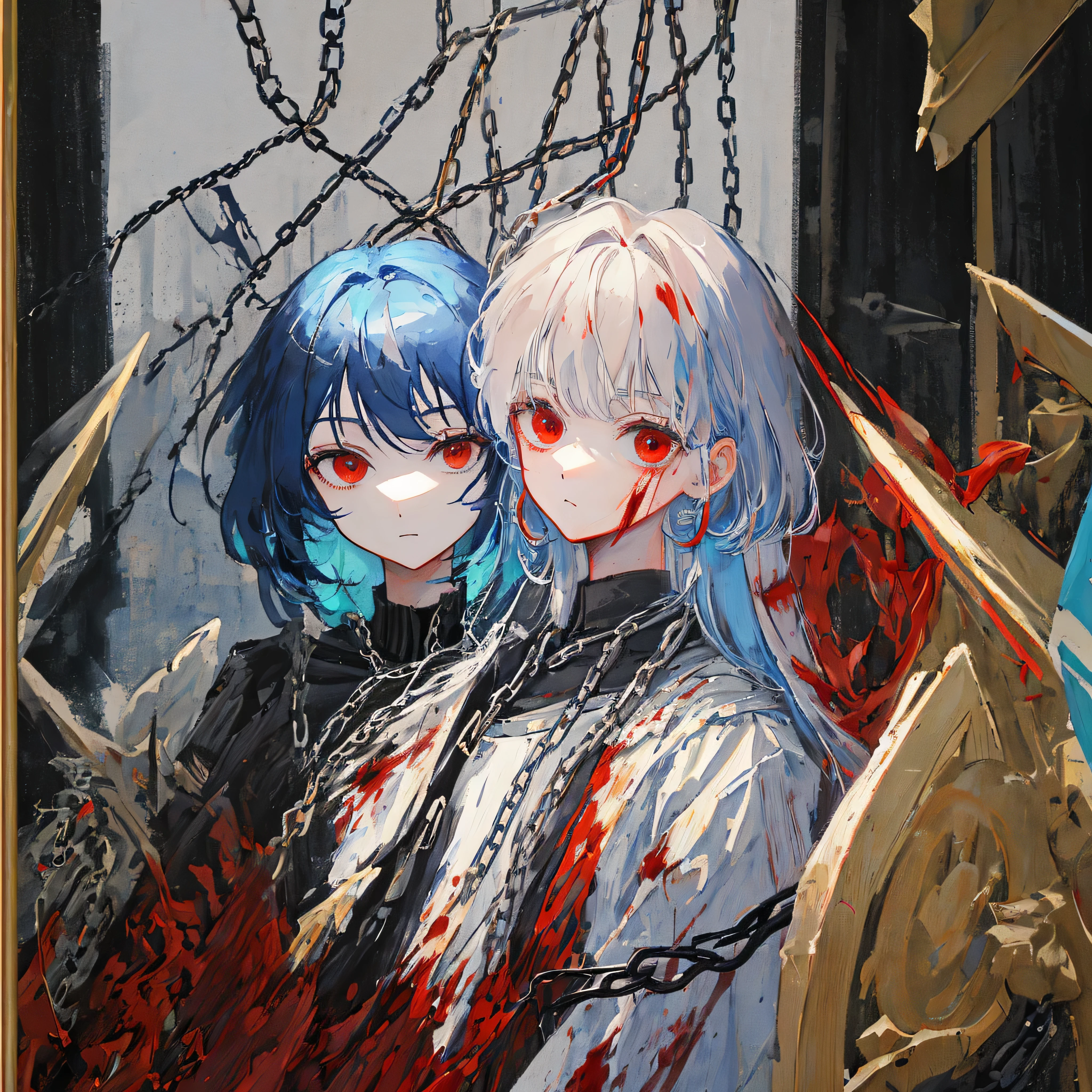 Couple between women、devil、dark、bandage、Blue Hair、Grey Hair、cyber-、