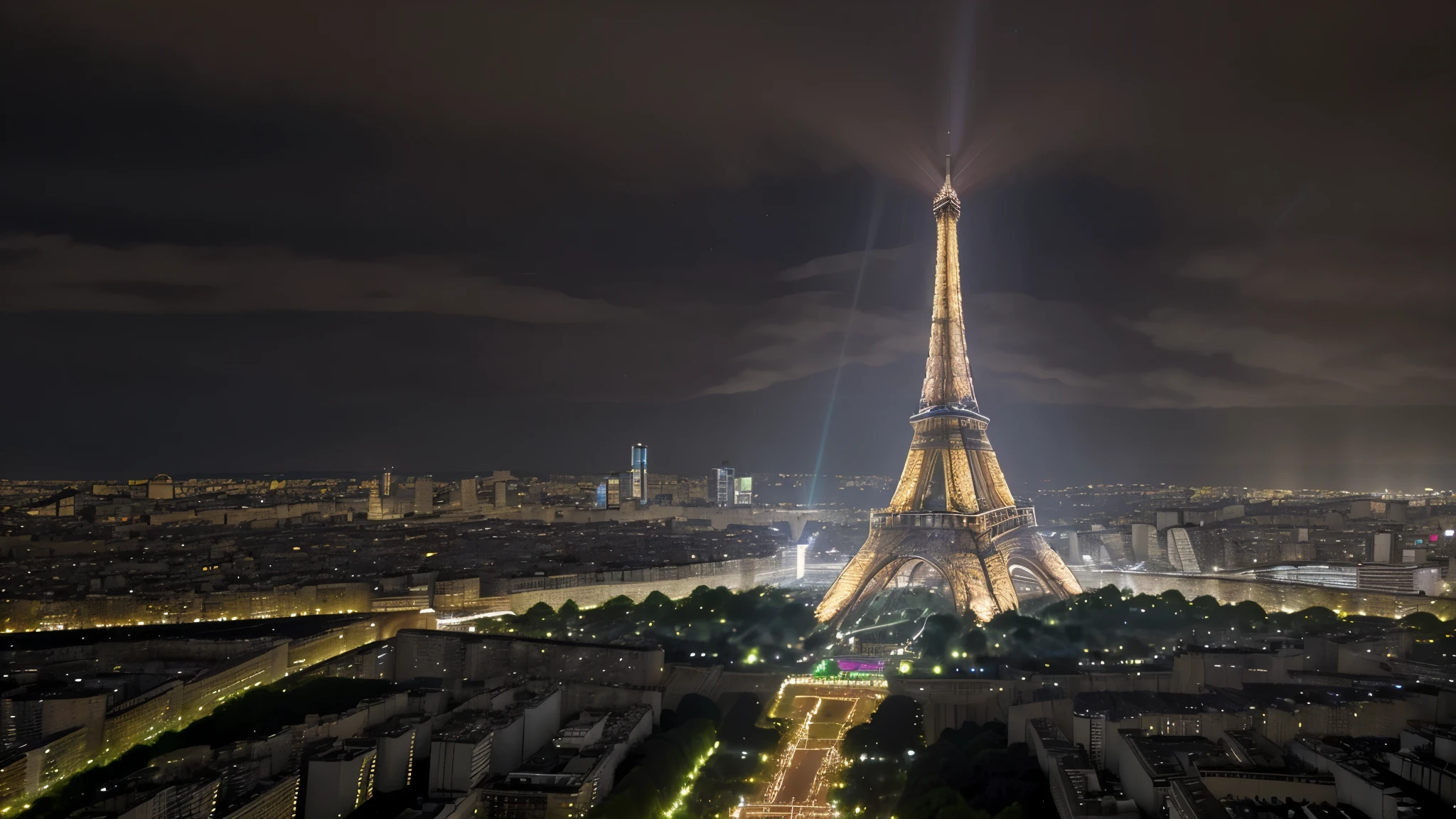 Torre Eiffel, cidade iluminada, meia noite, chuva