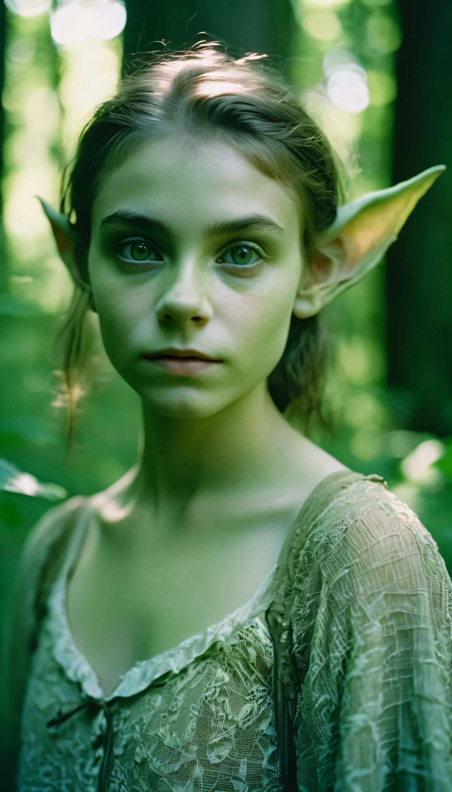 analog film photo, photo of young half-goblin, female, -old, palreen skin, diminutive build, pointy ears, upturned nose, slitted pupils, pretty, natural beauty, mystical forest, RAW Photograph, dslr, soft lighting, high quality, film grain, Fujifilm XT3, detailed skin with visible pores, insane details, masterpiece, 8k, 35mm photograph, dslr, kodachrome, faded film, desaturated, 35mm photo, grainy, vintage, Kodachrome, Lomography, stained, highly detailed, found footage, close-up shot