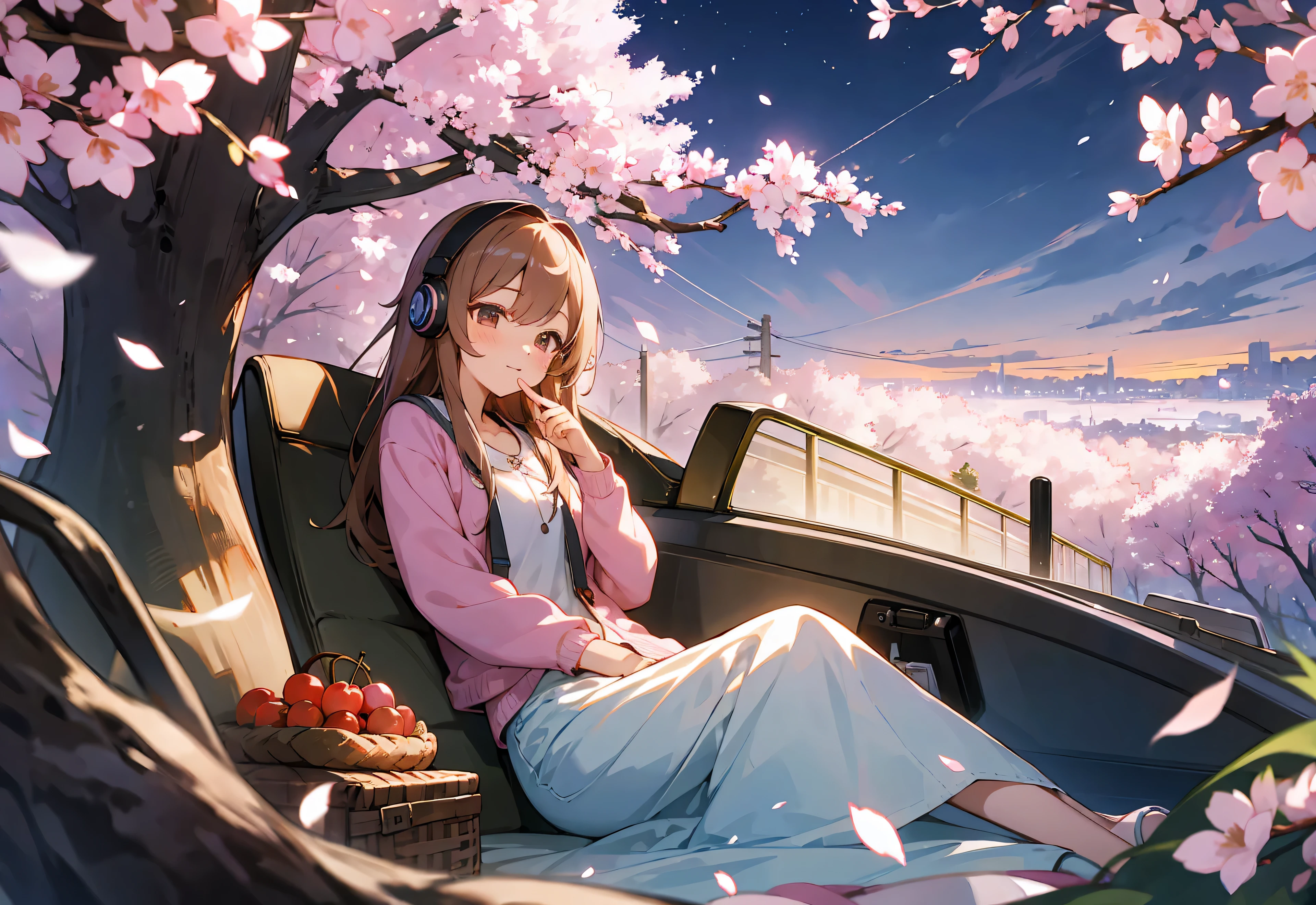 headphone　spring clothes　relax　cherry blossoms　picnic　night　You can see the night view　Highest image quality