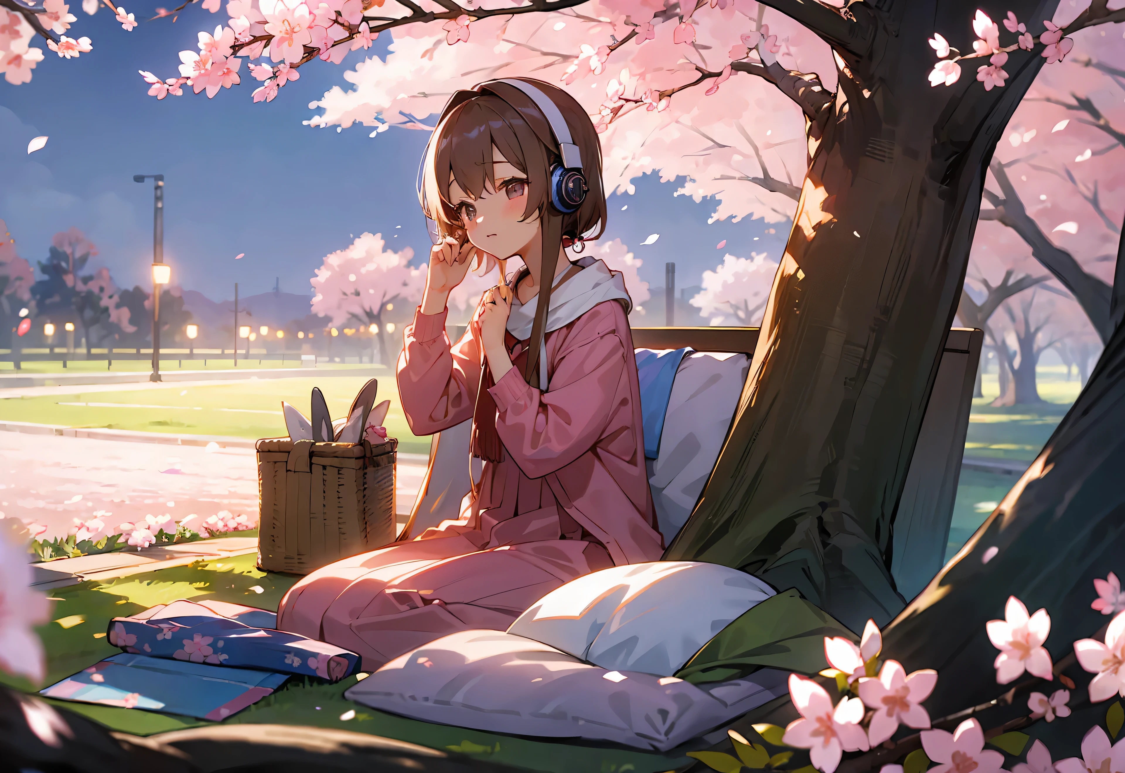 headphone　spring clothes　relax　cherry blossoms　picnic　night　You can see the night view　Highest image quality
