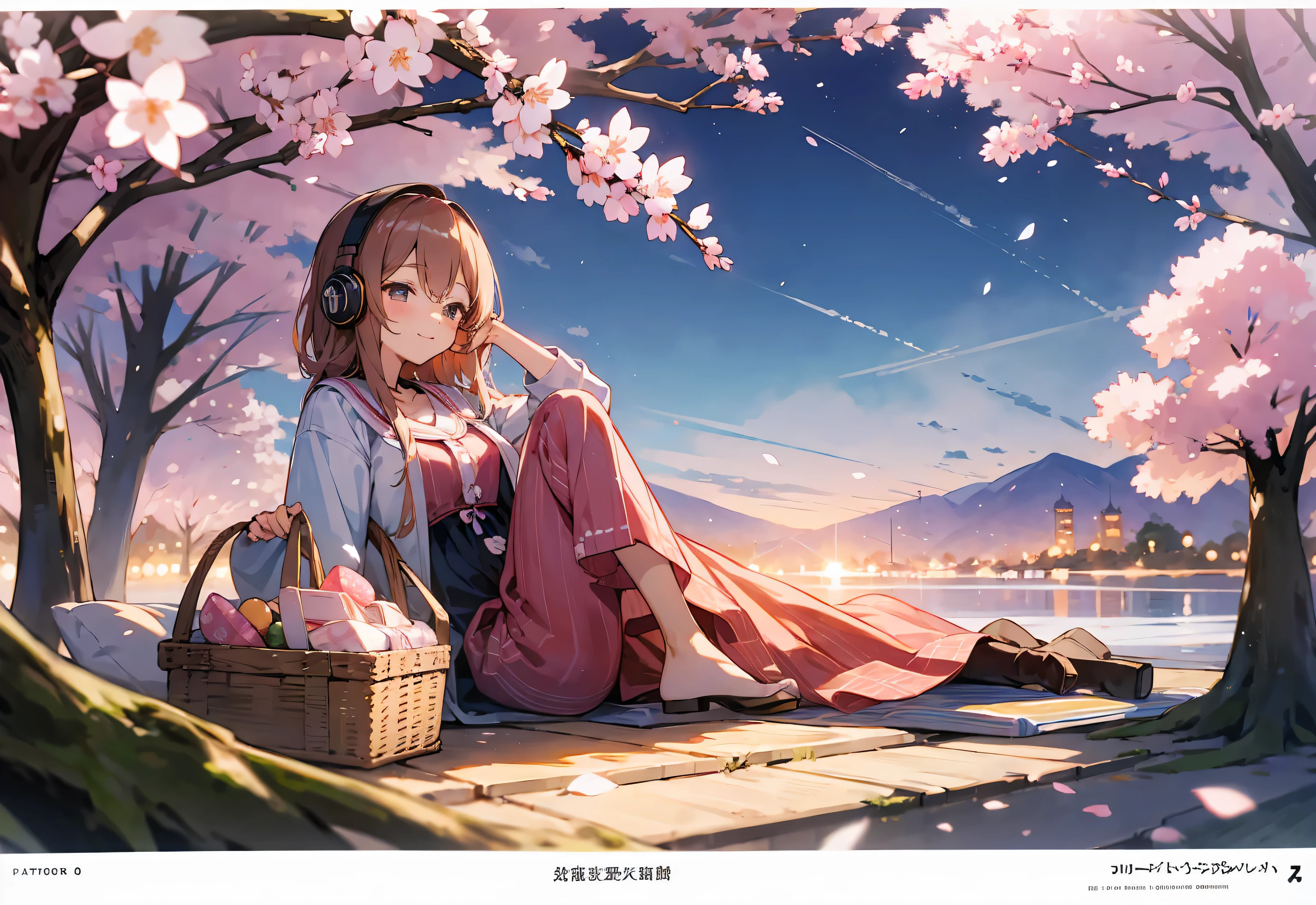 headphone　spring clothes　relax　cherry blossoms　picnic　night　You can see the night view　Highest image quality