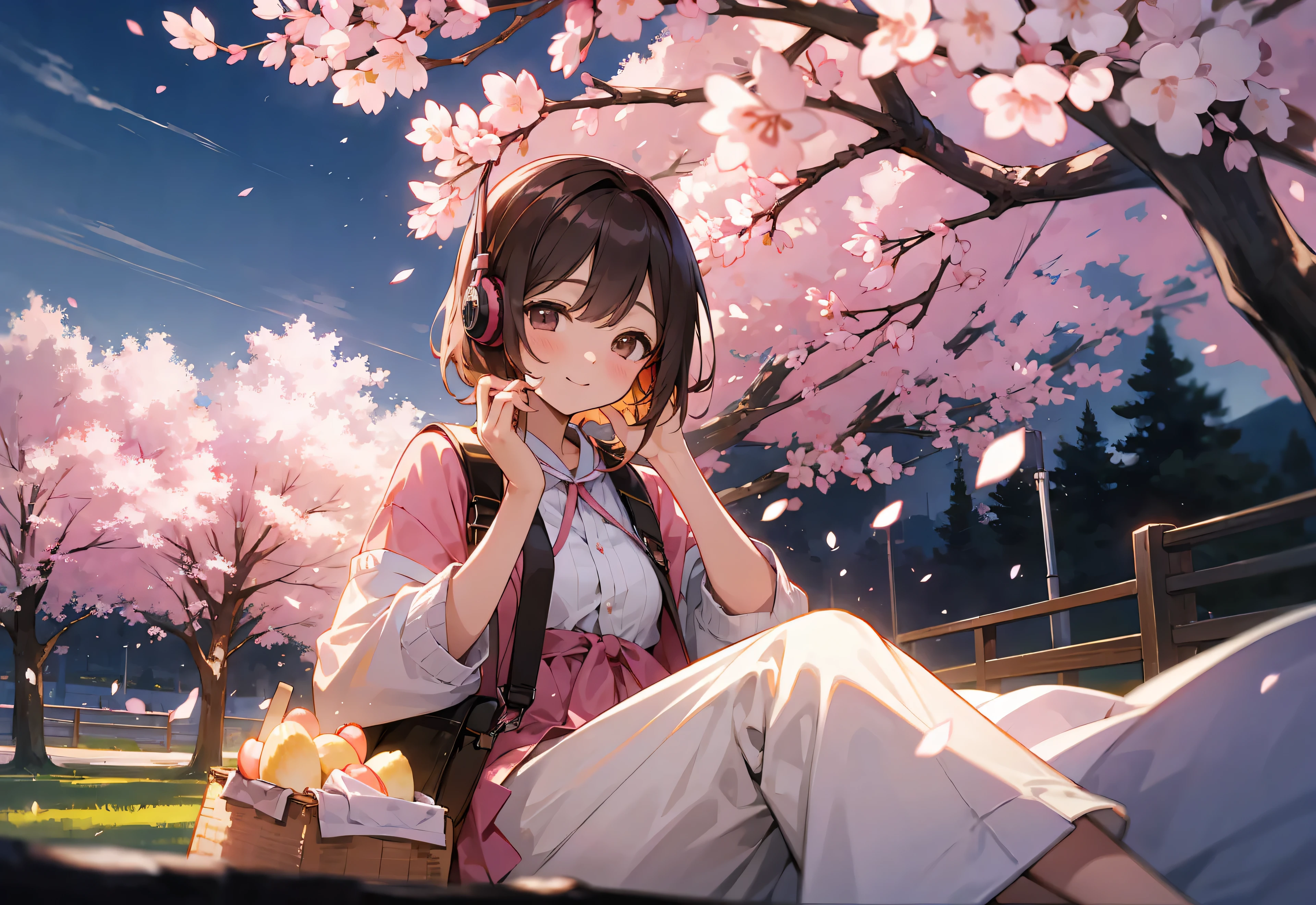 headphone　spring clothes　relax　cherry blossoms　picnic　night　You can see the night view　Highest image quality
