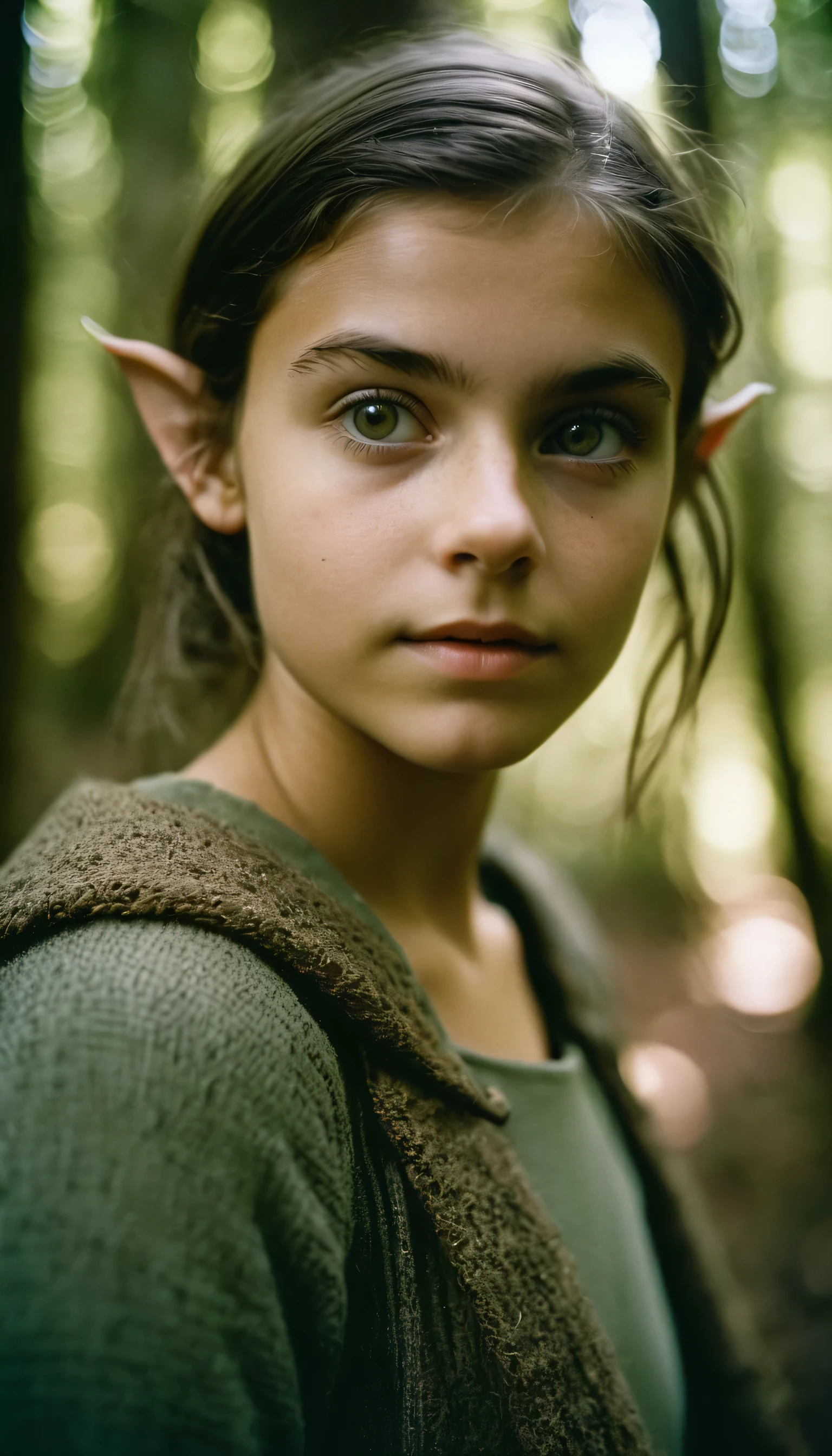 analog film photo, photo of young half-goblin, female, 16 years-old, olive green skintone, diminutive build, pointy ears, upturned nose, slitted pupils, pretty, natural beauty, mystical forest, RAW Photograph, dslr, soft lighting, high quality, film grain, Fujifilm XT3, detailed skin with visible pores, insane details, masterpiece, 8k, 35mm photograph, dslr, kodachrome, faded film, desaturated, 35mm photo, grainy, vintage, Kodachrome, Lomography, stained, highly detailed, found footage, close-up shot