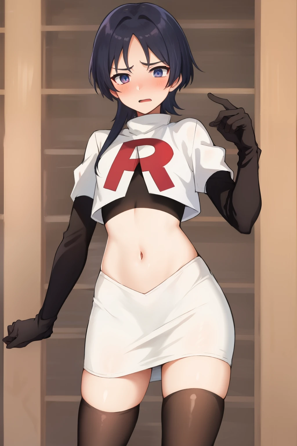absurdres,masterpiece, trap, best quality, highres, high quality, 1boy, solo, male focus, hair, crossdressing,1boy,team rocket,team rocket uniform,white skirt,red letter R,crop top,black thigh-highs,black elbow gloves, embarrassed, blush
