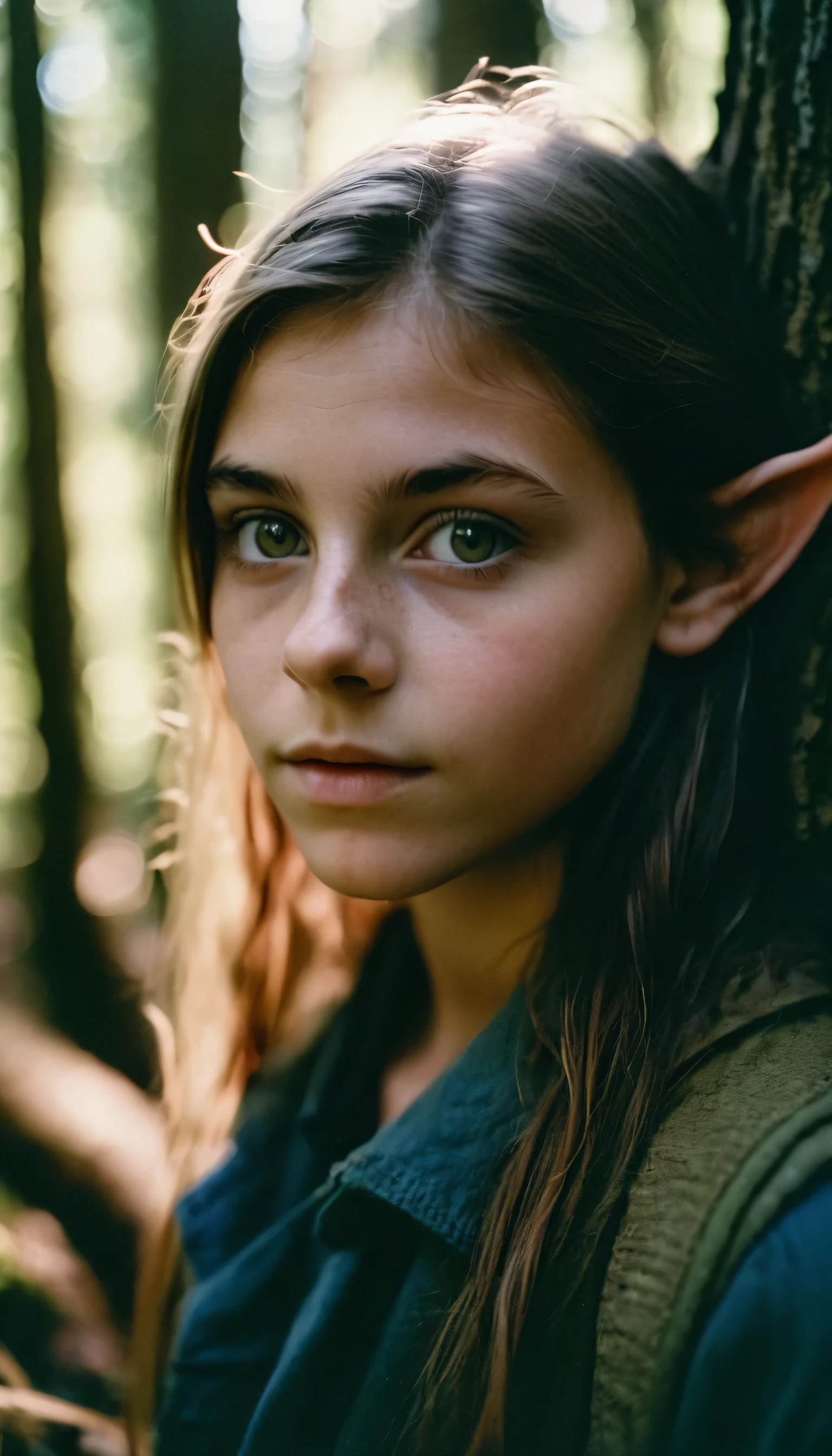 analog film photo, photo of a young elf girl, 18 years-old, elf, elf ears, long pointy ears, brown eyes, light-brown sun-tanned skin, goosebumps, pretty, natural beauty, resembles a young Mary Elizabeth Winstead, posing in a mystic forest, RAW Photograph, dslr, soft lighting, high quality, film grain, Fujifilm XT3, detailed skin with visible pores, insane details, masterpiece, 8k, 35mm photograph, dslr, kodachrome, faded film, desaturated, grainy, vintage, Kodachrome, Lomography, stained, highly detailed, found footage, close-up shot, elven ears