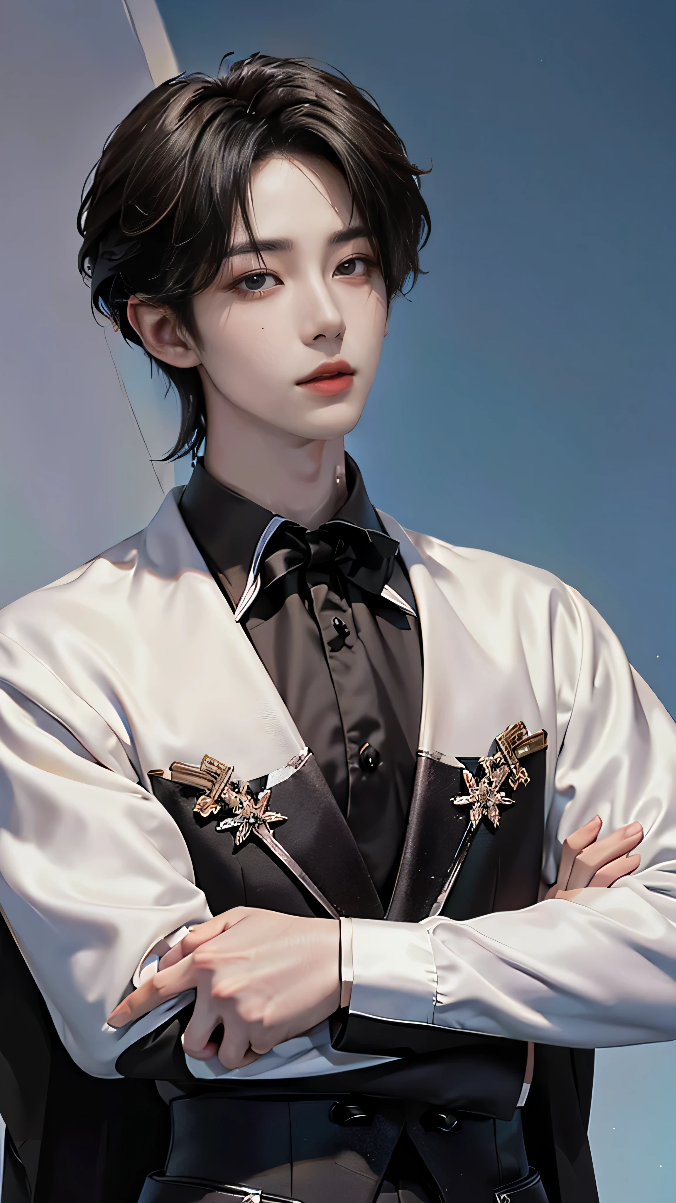((4K works))、​masterpiece、（top-quality)、((high-level image quality))、((One Manly Boy))、Slim body、((Man in black tuxedo))、(Detailed beautiful eyeodel Magazines))、deacon、Face similar to Chaewon in Ruseraphim、((short hair above the ears))、((Smaller face))、((Neutral face))、((Light brown eyes))、((Korean boy))、((18year old))、((Handsome man))、((A charming expression))、((Korean Makeup))、((elongated and sharp eyes))、((Focus zoom out))、((Model Magazine Cover))、((model poseodel photo))、((Butler photo))、Professional Photoagazine covers))、((Shot alone))、((Upper body photography))