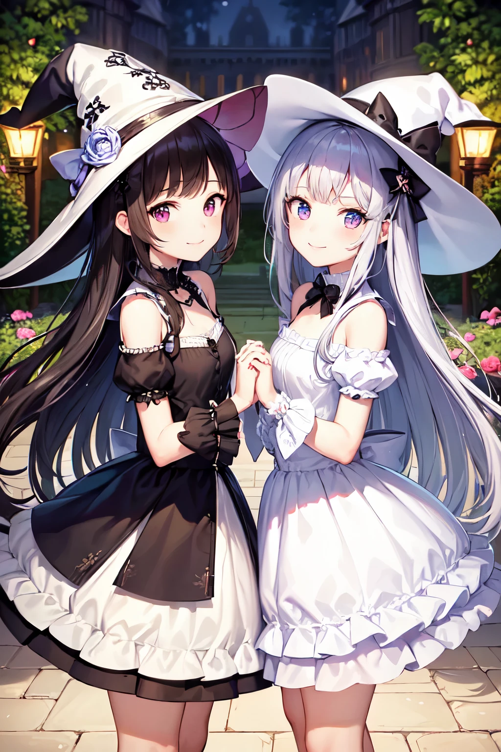 (best quality:1.2), masterpiece,Two cute girls are standing holding hands,,ultra-detailed face,detailed eyes,smile,one girl silver hair,one other girl black hair,two girls are the same height,looking at viewer, cowboy shot,(nightmare, witch:1.2),professional writing,Crystal Fortresses