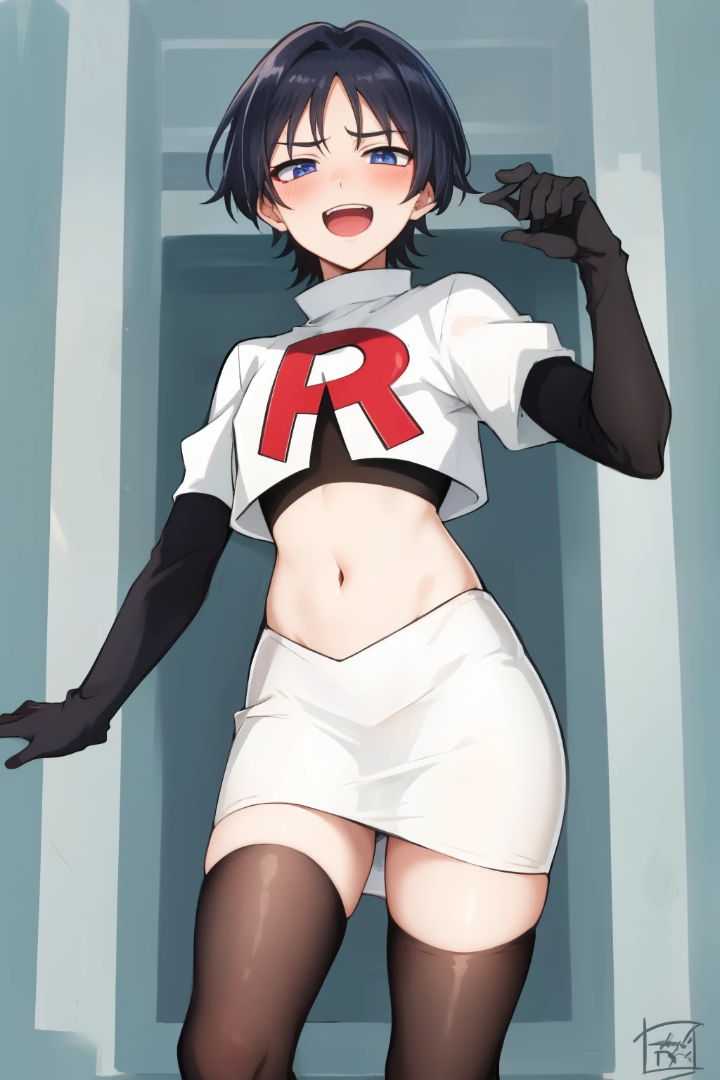 absurdres,masterpiece, trap, best quality, highres, high quality, 1boy, solo, male focus, hair, crossdressing,1boy,team rocket,team rocket uniform,white skirt,red letter R,crop top,black thigh-highs,black elbow gloves, evil laugh, blush