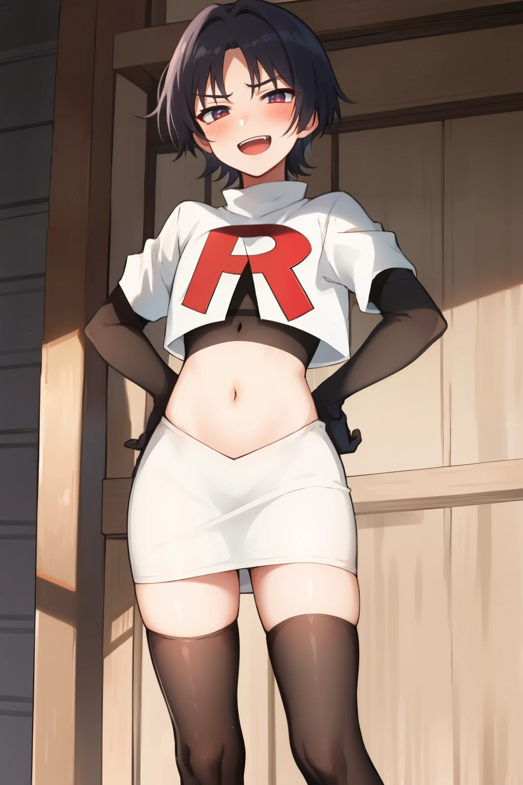 absurdres,masterpiece, trap, best quality, highres, high quality, 1boy, solo, male focus, hair, crossdressing,1boy,team rocket,team rocket uniform,white skirt,red letter R,crop top,black thigh-highs,black elbow gloves, evil laugh, blush