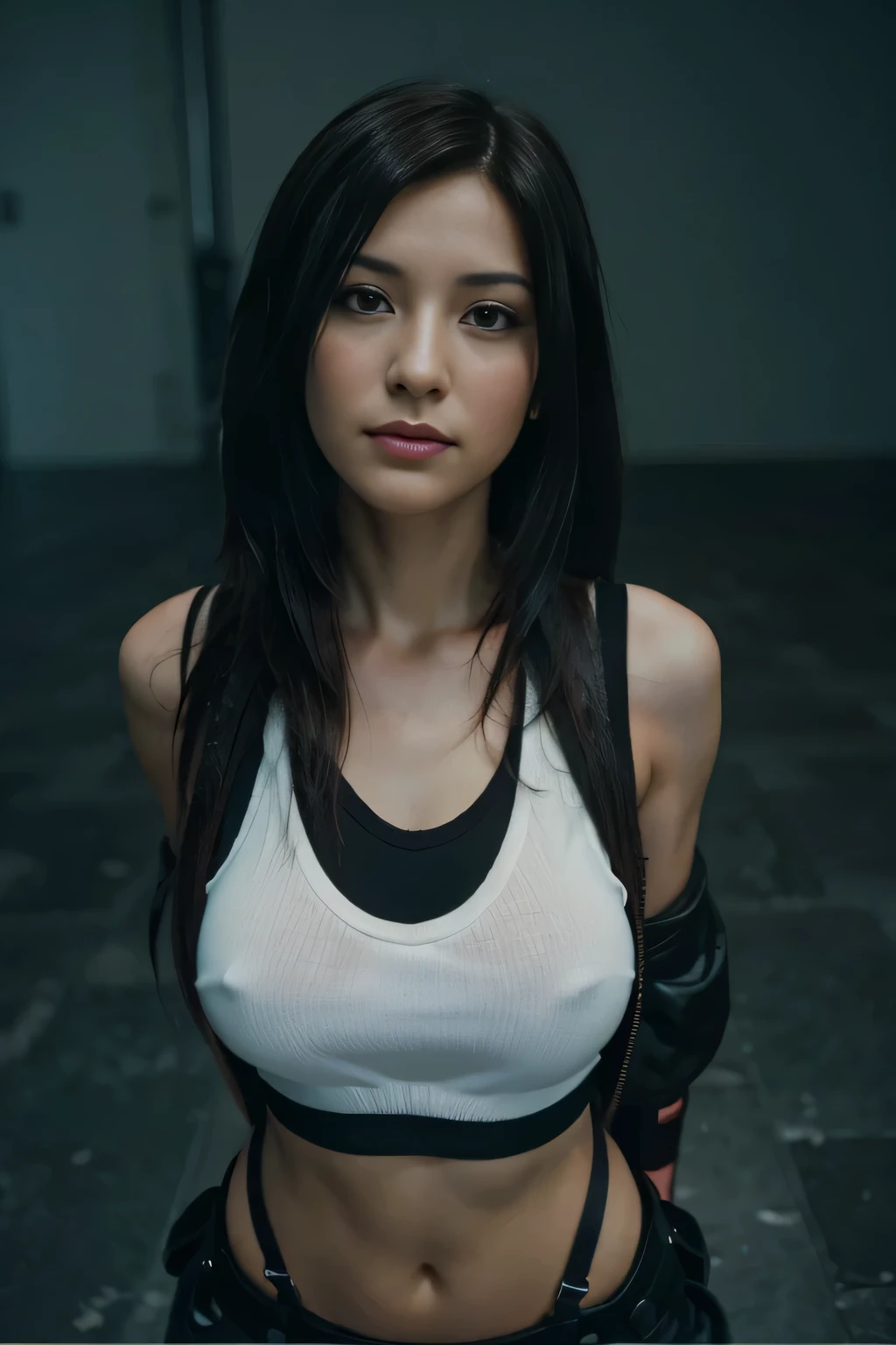 Una mujer con cabello largo y negro y un top blanco posando para una foto., tifa lockhart, tifa, retrato de tifa lockhart, retrato de tifa lockhart, tifa lockheart, seductive retrato de tifa lockhart, glamorosa tifa lockheart, tifa lockhart con el pelo blanco, final fantasy vii, final fantasy, deayami kojima
