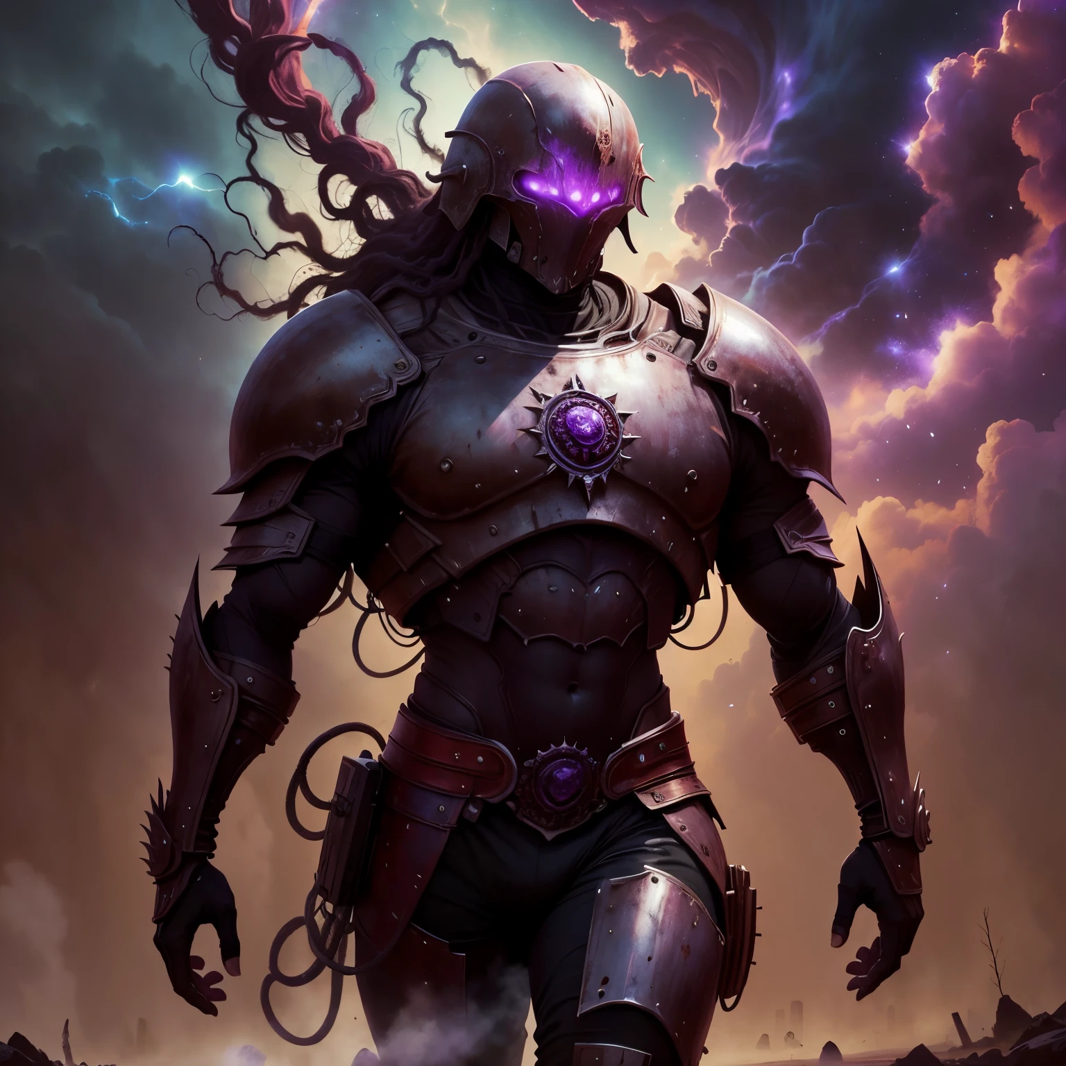 Hombre, guerrero, enorme, piel morada, armadura Espartana morada, cuernos negros que emiten una flama morada, cuerpo completo, caminando, fondo espacial morado
