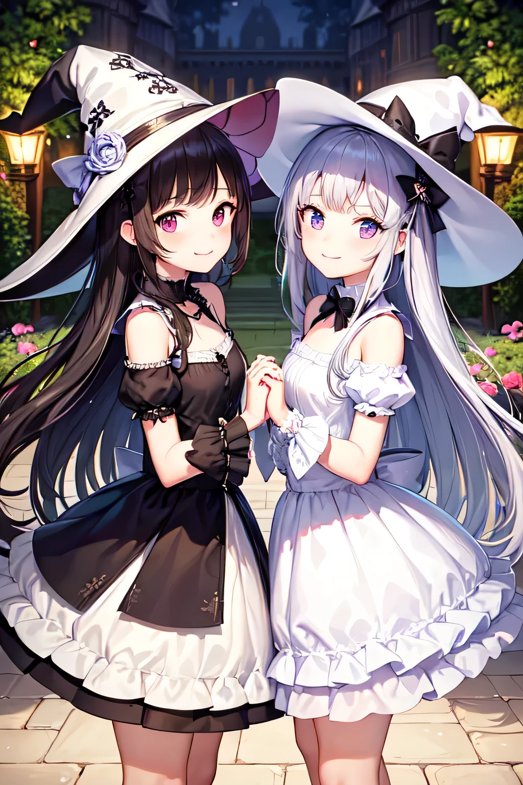 (best quality:1.2), masterpiece,Two cute girls are standing holding hands,,ultra-detailed face,detailed eyes,smile,one girl silver hair,one other girl black hair,two girls are the same height,looking at viewer, cowboy shot,(nightmare, witch:1.2),professional writing,Crystal Fortresses