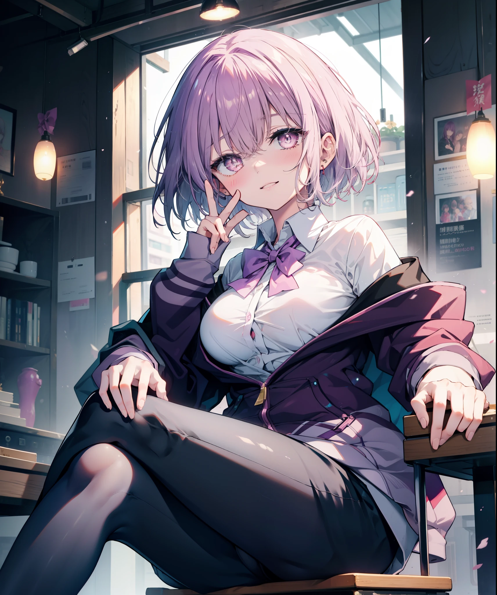 akaneshinjou, shinjou akane, light purple hair, (pink eyes:1.2), short hair,Akabu glasses,put your hand over your mouth,Peace sign at the mouth,happy smile, smile, open your mouth,sitting cross-legged on a chair,break black pantyhose, bow, collared shirt, hood, hooded Jacket, Jacket, open clothes, open Jacket, open shirt, pantyhose, purple bow, purple Jacket, , shirt, sleeves go over wrists, unbuttoned shirt, white shirt,brown loafers,
break indoors, classroom,
break looking at viewer, break (masterpiece:1.2), highest quality, High resolution, unity 8k wallpaper, (figure:0.8), (detailed and beautiful eyes:1.6), highly detailed face, perfect lighting, Very detailed CG, (perfect hands, perfect anatomy),