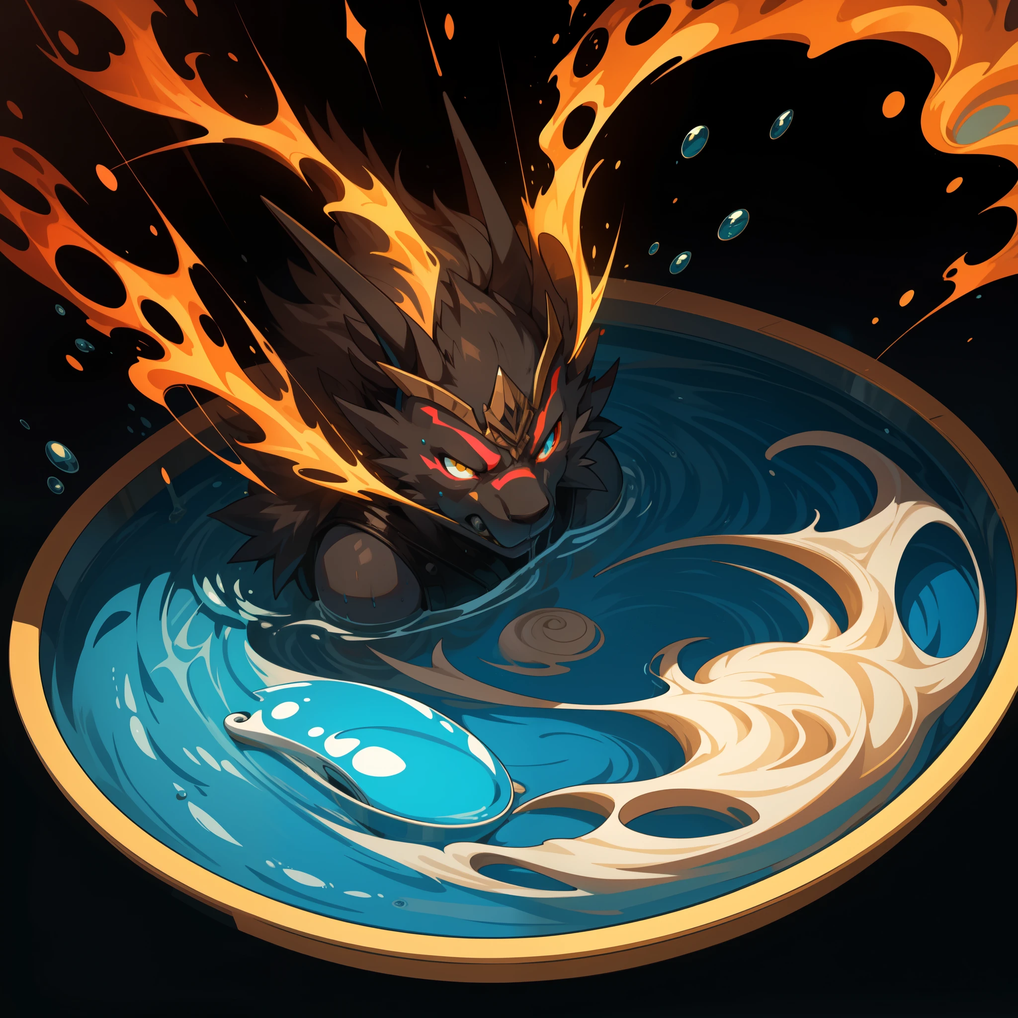 [Red Oni] heraldic silhouette, logo masking style illustration, Dan Mumford, Greg Lutkowski, James Jean, black background, fantasy art, mysterious, realistic, majestic, rich vivid colors, high contrast, seamless water brand, art station, deviant art, dribbling, red bubble, tea public, Sharp focus, simple, hyper detail, detailed drawing, vectorization, outline, isometric style, 8k.