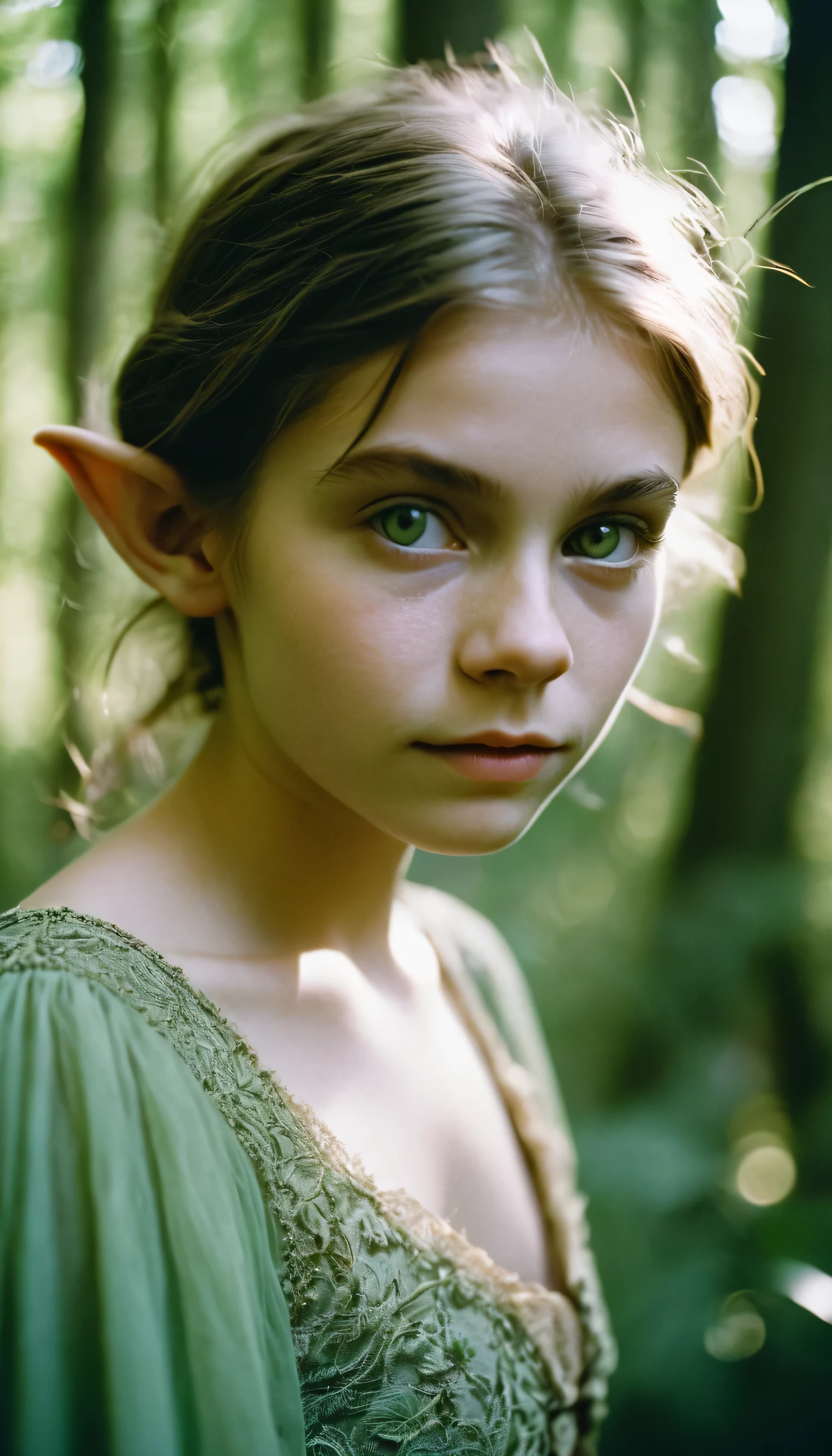 analog film photo, photo of young half-goblin, female, 16 years-old, pale green skin, diminutive build, pointy ears, upturned nose, slitted pupils, pretty, natural beauty, mystical forest, RAW Photograph, dslr, soft lighting, high quality, film grain, Fujifilm XT3, detailed skin with visible pores, insane details, masterpiece, 8k, 35mm photograph, dslr, kodachrome, faded film, desaturated, 35mm photo, grainy, vintage, Kodachrome, Lomography, stained, highly detailed, found footage, close-up shot
