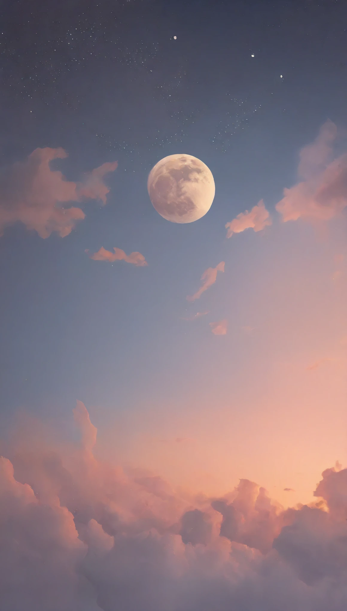 create an evening sky with fluffy clouds and pastel colors with a bright golden gibbous moon, and shooting stars