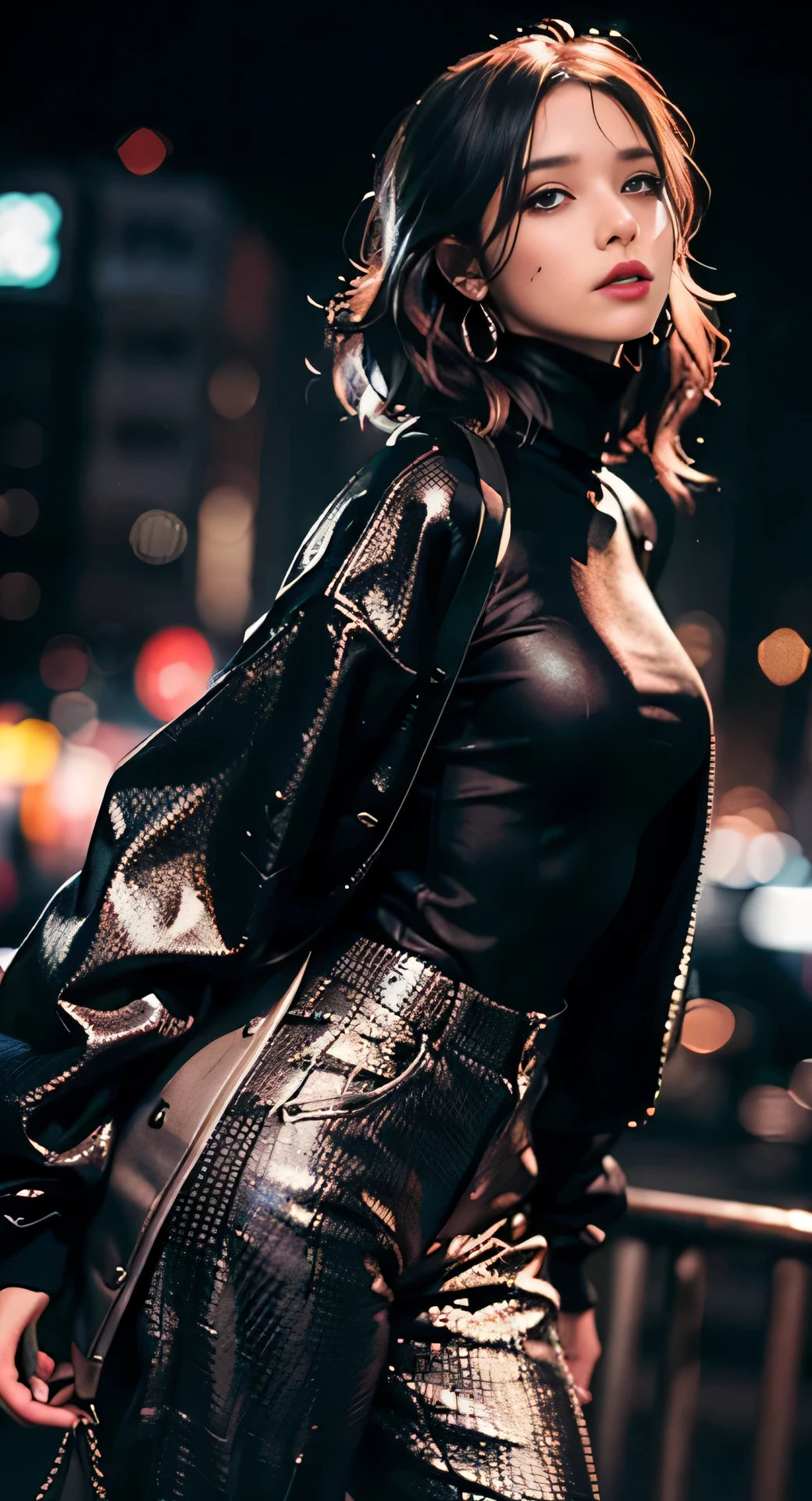photo of beautiful (n4t3mm:0.99), a woman as a movie star, turtleneck sweater, black jacket, (trousers), movie premiere gala, dark moody ambience (masterpiece:1.2) (photorealistic:1.2) (bokeh) (best quality) (detailed skin:1.2) (intricate details) (nighttime) (8k) (HDR) (cinematic lighting) (sharp focus), (looking at the camera:1.1), ((closeup portrait:1.2)), (earrings), colorful outfit