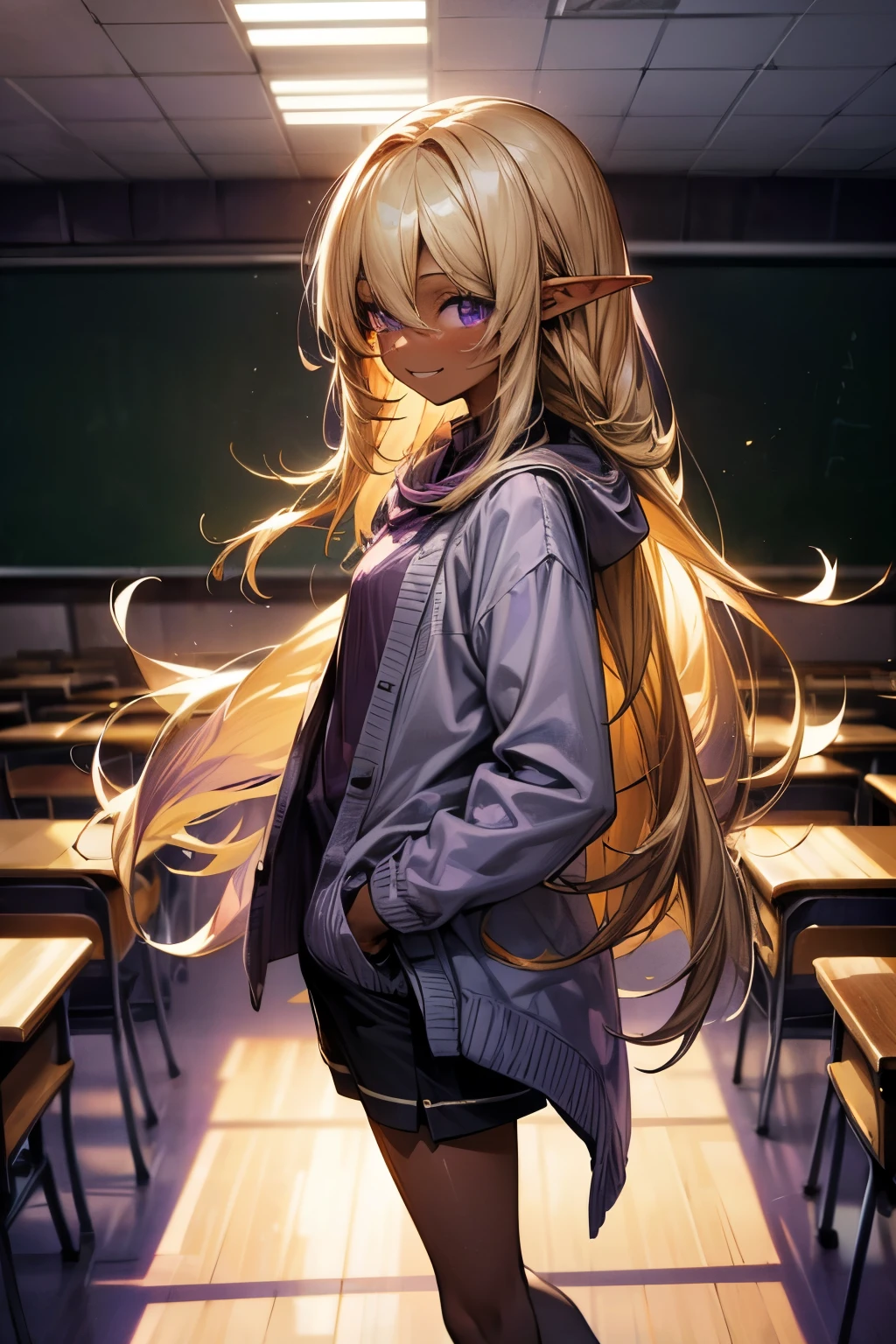 ((Masterpiece)), (Anime:1.3), ((best quality)), (RAW photo:1.2), (High Definition:1.3), (Professional Photography:1.2), (), (1girl), cute young girl, from side, BREAK, (nervous smile,:1.3), (Beautiful purple eyes:1.5), (dark skin), elf girl, wear a long cardigan, flat chest, slender waist, (hair over eyes:1.3), very long bangs, Silky straight hair, long hair, ((blond hair)), wear a long cardigan, shortpants, BREAK, ((best quality)), (walking on classroom),
