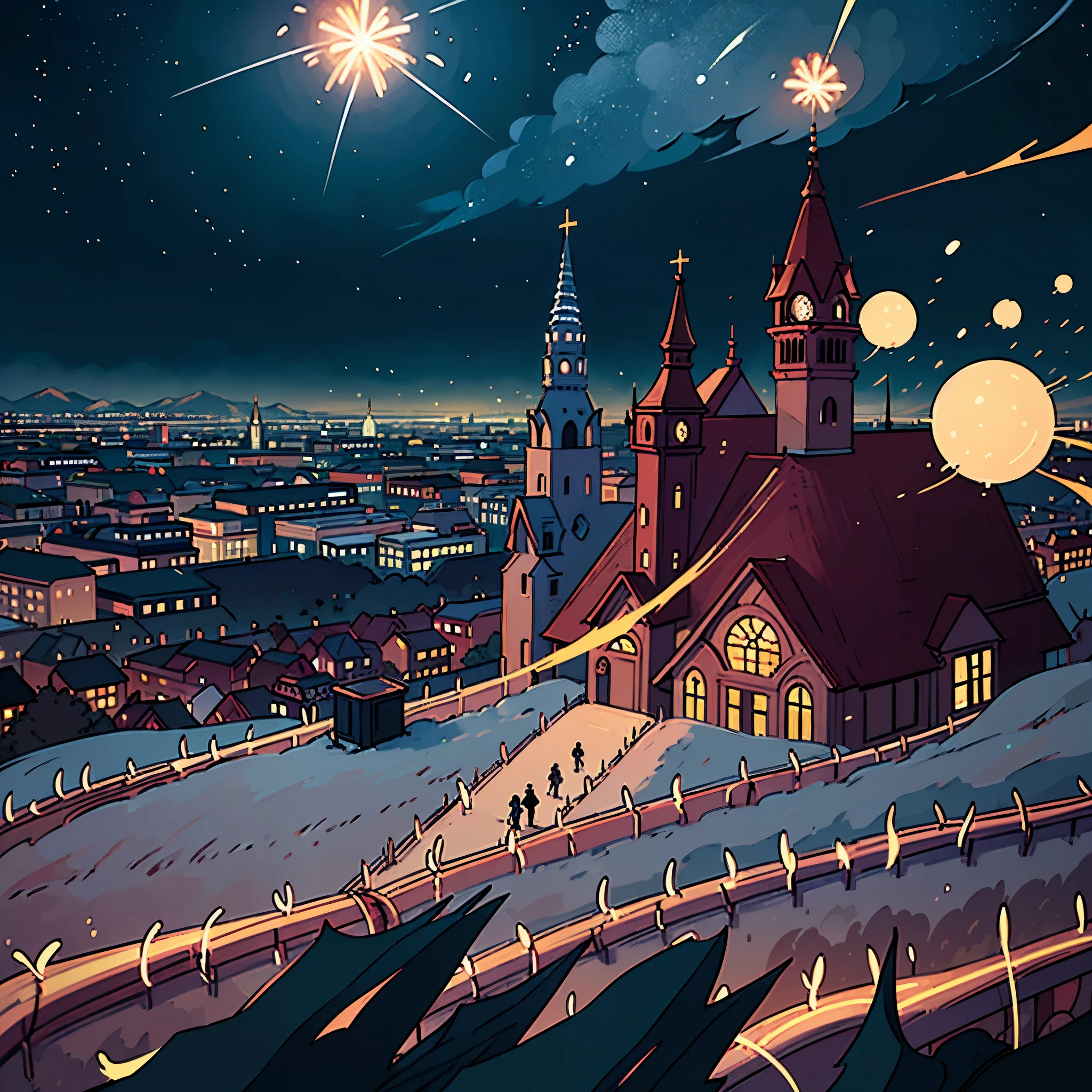 perfect anime illustration, holiday, megalopolis, City center, very many people, fireworks, night sky, dark, background image