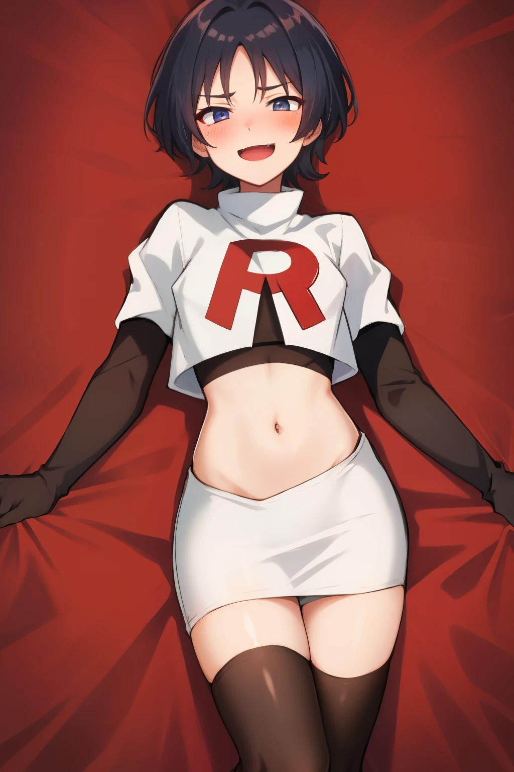 absurdres,masterpiece, trap, best quality, highres, high quality, 1boy, solo, male focus, hair, crossdressing,1boy,team rocket,team rocket uniform,white skirt,red letter R,crop top,black thigh-highs,black elbow gloves, evil laugh, blush