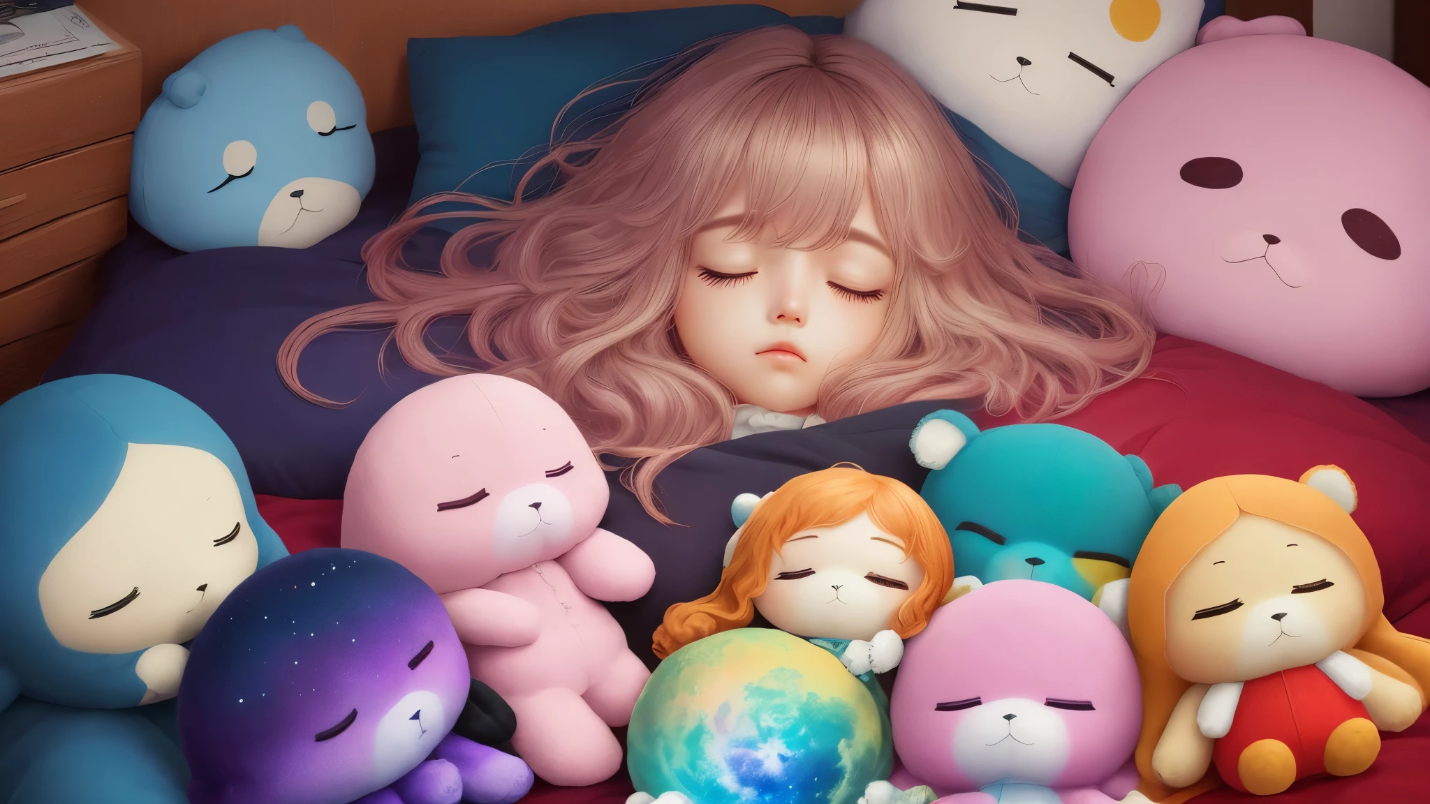 Little girl sleeping buried in bed with many dolls, hugging doll tightly, pastel, soft atmosphere, staring at us, Takashi Murakami, top quality