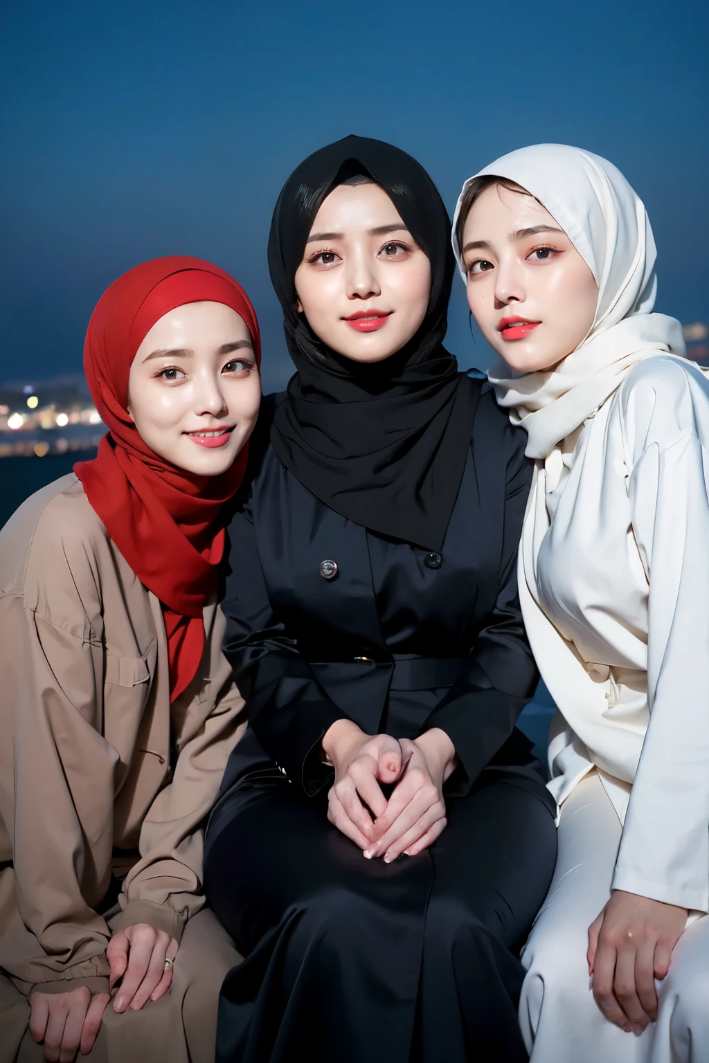 Threesome girl, in hijab, ((Best quality, 8k, Masterpiece :1.37), many people in hijab, (threesome girl in hijab muslim), Big Breasts:1.5, (Nude Body), Beautiful face, Ultra-HD Face, Facial Lighting, Lips light laugh, position: Sitting on a Chair, Big Breasts: 1.5, close up photo, (Full Body Photo), (three girls wearing Muslim hijabs), wearing Muslim hijabs, tall building background, (Beautiful Night Sky View, :1.1), very face detail, red lip detail, eye detail, (Korean eyes), double eyelids, nose detail, leg detail, (threesome girl wearing Muslim hijab)