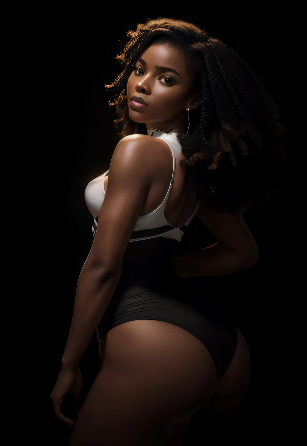 arafed woman in a black and white swimsuit posing for a picture, posing in dramatic lighting, 70mm. dramatic lighting, shot at dark with studio lights, cachos e curvas, retrato da cintura para cima, high contrast dramatic lighting, vista traseira. papagaio, fotografia de modelagem, 70mm dramatic lighting, luz suave do lado, jovem negra