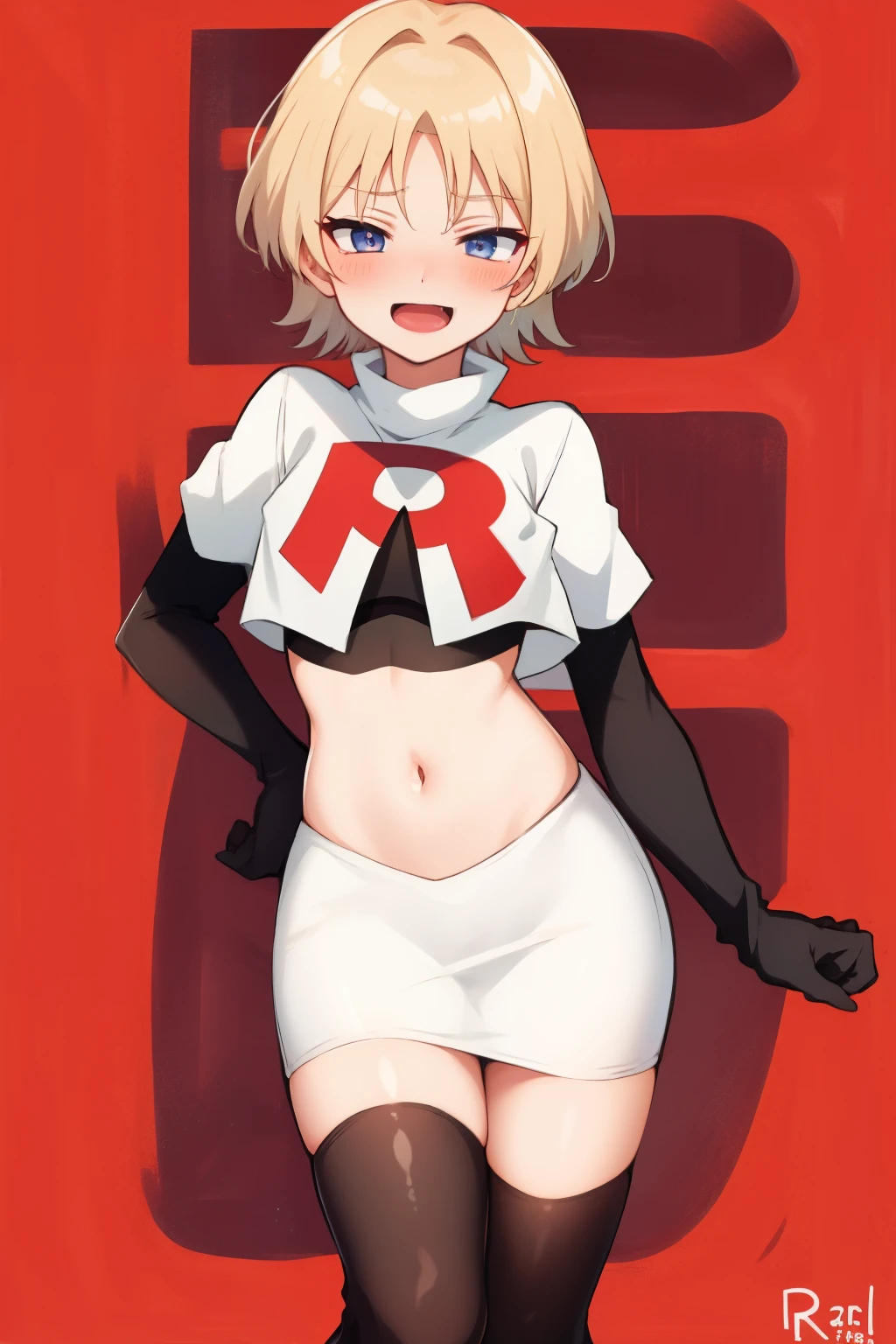 absurdres,masterpiece, trap, best quality, highres, high quality, 1boy, solo, male focus, hair, crossdressing,1boy,team rocket,team rocket uniform,white skirt,red letter R,crop top,black thigh-highs,black elbow gloves, evil laugh, blush