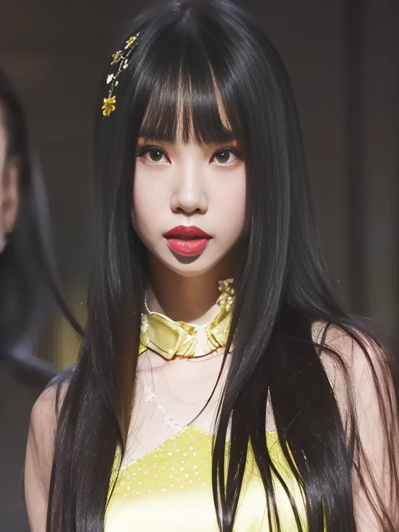 a close up of a woman with long black hair wearing a yellow dress, she has black hair with bangs, lalisa manobal, korean idol, kda, lalisa manoban of blackpink, jossi of blackpink, portrait of jossi of blackpink, iu lee ji-eun as a super villain, sun yunjoo, jia, park ji-min