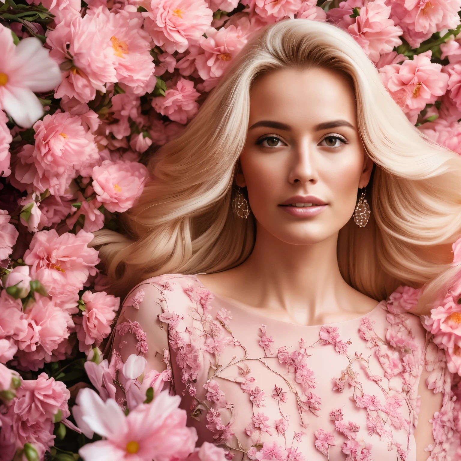 A beautiful woman surrounded by flowers,blonde hair, surrounded by pink flowers, wearing a stunning pink flowing dress, ultra high detailed, photo realistic,  8 k quality