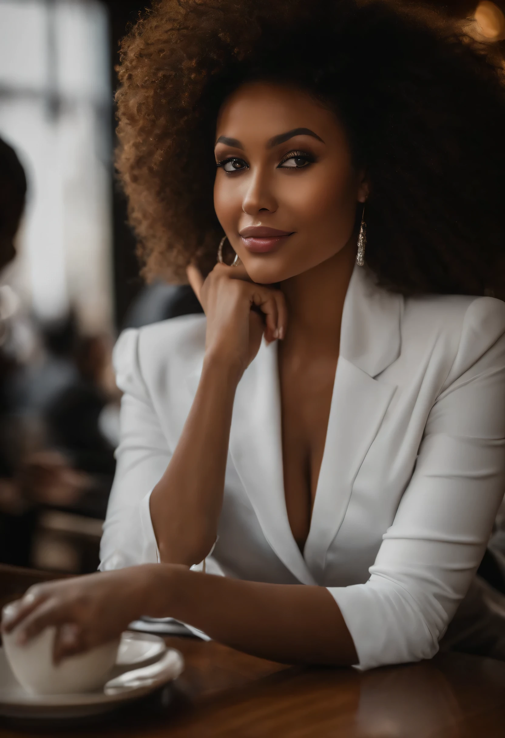 Foto bruta, (efeito amplo:1.2), Afro-Americano:1.3, olhos detalhados:1.1, dslr, soft lighting, (cheveux noirs:1.1), sitting in an office with a cup of coffee, Photo of a beautiful mixed race girl, Atraente, A mixed skin, Photo in the sitting office , cabelo encaracolado, Alto detalhe, sharp focus, dramatique, Real photo of a beautiful 22-year-old Métis woman, Seios enormes, charme, Pele realista, Rosto realista, Selvagem, em forma, extase (lindos olhos detalhados), (melhor qualidade), (super detalhado), (rosto detalhado), (dynamic pose), Canon EF 85mmf/1.2L II USM, A woman sitting with her coffee in a restaurant, with a white jacket and red lips, Focus on facial expression, sitting in a Parisian cafe, fotorrealista, ultra-realistic, ((Textura de pele natural realista) ), sourire, linda e sorridente garota de 22 anos, cabelo preto comprido, rosto sedutor, Olhos brilhantes, Mulher bem vestida, (low-cut), Especificidades (texturas ! , cheveux! , Copos, Cor!! , melhor qualidade, Grumeleux, ultra fou, natural lighting, dynamic pose, hiperrealista, realistic lighting, alto contraste, Dramatic perspective, sobrancelhas finas e muito curvadas ,Olhe para o visualizador, Mentira, sorriso enorme, ((pele limpa,):1.4), seios grandes, zoom objetivo 200 mm f/1.4 (fotorrealista:1.2) (melhor qualidade) (pele detalhada:1.3) (Detalhe Complexo) (8k) (HDR) (analog film) (Canon D5) (Lighting kinematics) ( sharp focus), Dramatic perspective, natural lighting, Volumetric shading, dynamic pose, hiperrealista lighting, Realista, retrato, mulher atraente, Garota afro-americana, seios grandes naturels, ancas grandes, gros cul, (Film grain :1.1) , (Vestida com um vestido de cetim prateado, sem mangas:1,3)), (Vestido de cetim prateado), (Postes muito grossos) Sorridente, Use um top de marca (Busto muito grosso),Seios naturais gigantescos, tatuagens e piercings, seios grandes, Juventude extremamente bonita, Serious complexion combination,