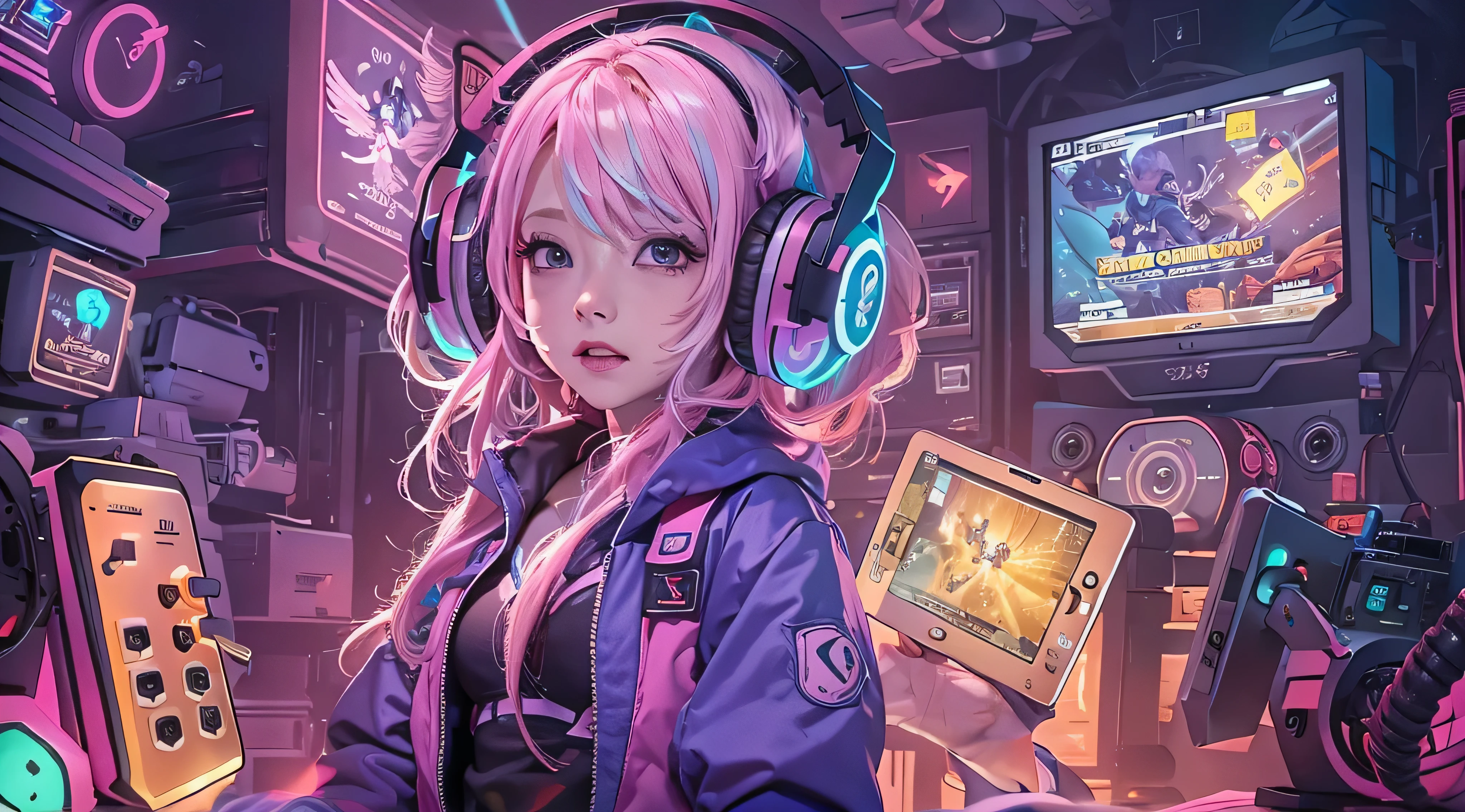 A girl with pink hair, wearing a colorful outfit and cosplay costume, stands in a dynamic pose. She has a playful expression on her face as she enjoys playing video games. The girl is a gamer, immersed in her virtual world, holding a console controller in one hand and a keyboard in the other. She wears headphones, symbolizing her dedication to gaming. The scene is set in a brightly lit studio with soft lighting, enhancing the vivid colors of the girl’s outfit. The composition is creative and cartoonish, with a background scenery featuring artistic interpretation of video game elements. Glowing digital effects surround the girl, adding to the energetic and action-packed atmosphere. Electric blue accents are scattered throughout the image, giving it a mysterious and futuristic feel. Overall, the prompt aims to capture the fun, enthusiasm, and creativity associated with gaming, while showcasing the girl's passion and love for video games in an anime-style artwork.
Slim body pc gamer girl
