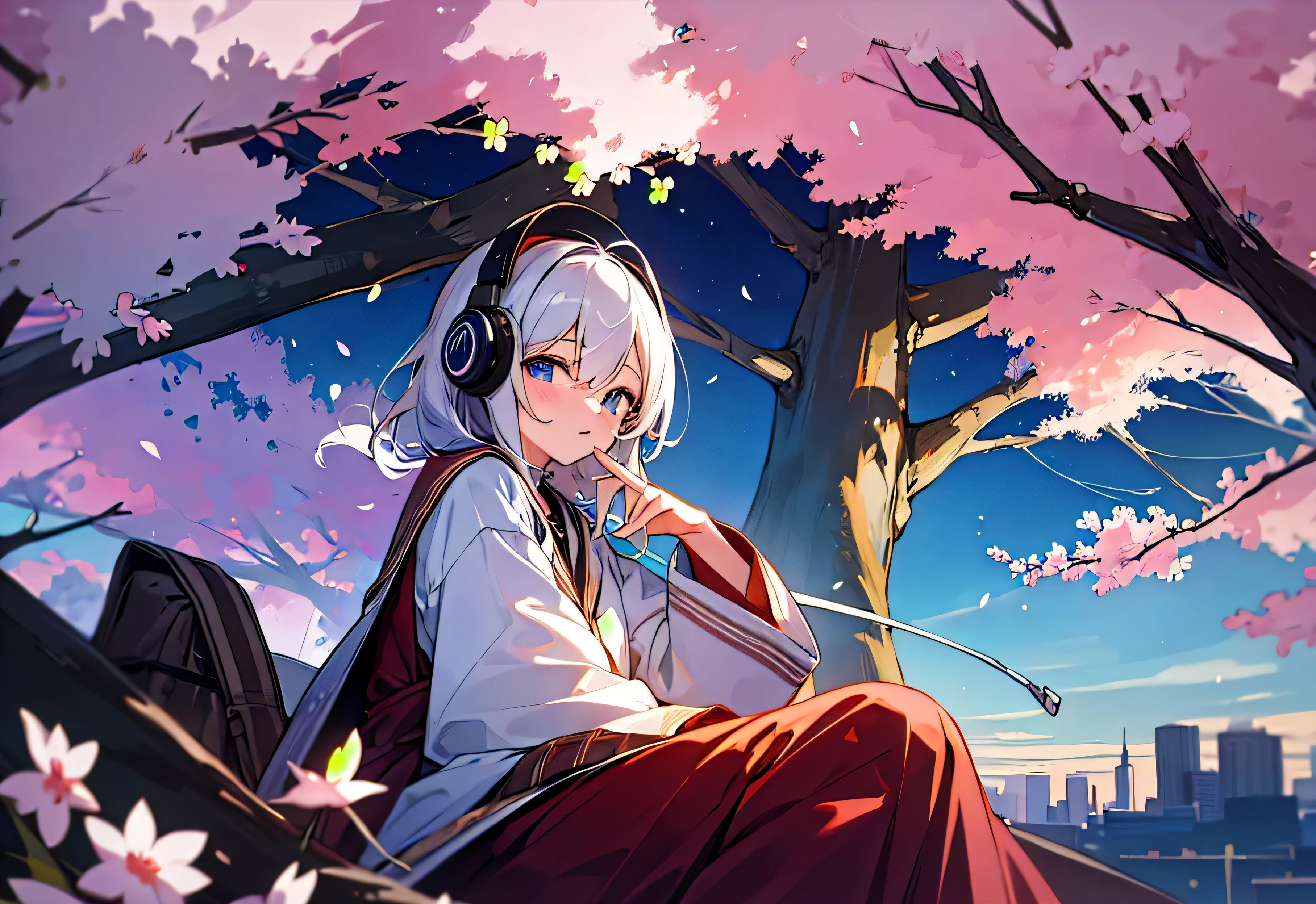 headphone　spring clothes　relax　cherry blossoms　picnic　night　You can see the night view　Highest image quality