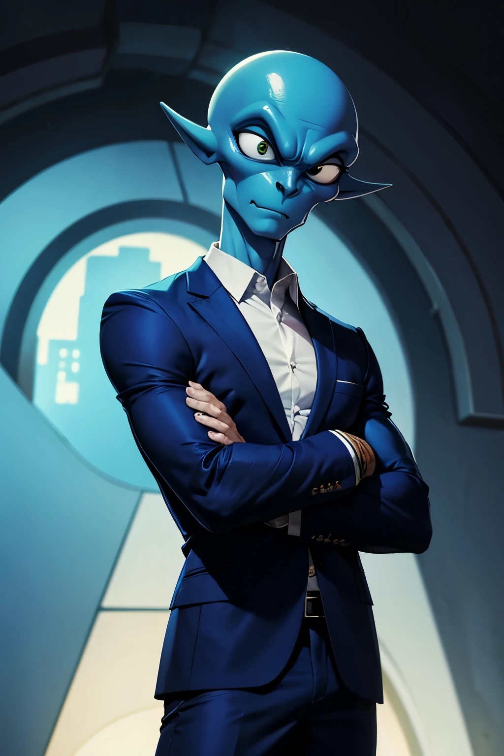 cartoon alien with an unusually muscular body, usando um terno, corpo azul, musculosos, with arms crossed, blazer, camisa social branca, gravata azul listrada, olhos preto, pupila preta