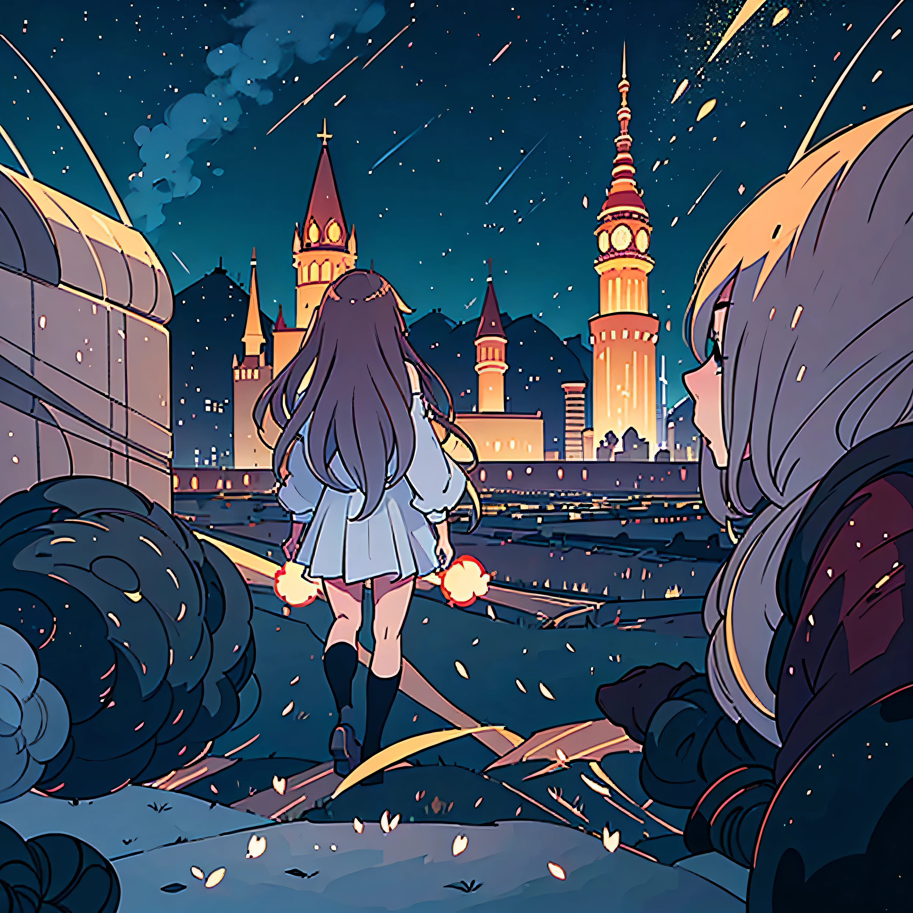 perfect anime illustration, holiday, megalopolis, City center, very many people, fireworks, night sky, dark, background image