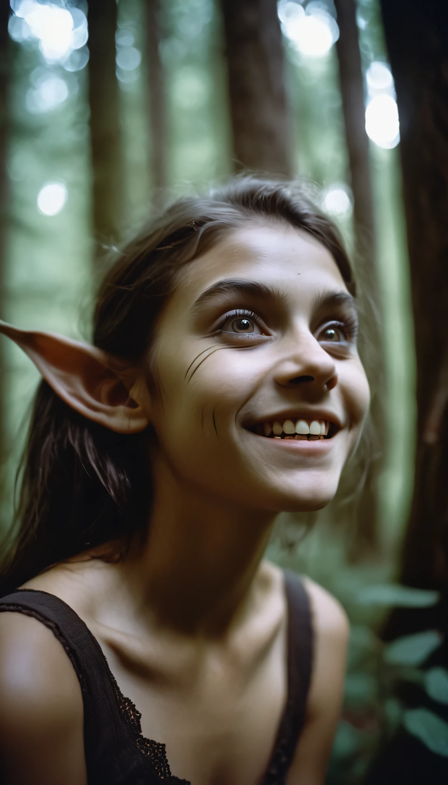 analog film photo, photo of young half-goblin, female, -old, dimtive build, sharp fangs, pointy ears, upturned nose, slitted pupils, pretty, natural beauty, mystical forest, RAW Photograph, dslr, soft lighting, high quality, film grain, Fujifilm XT3, detailed skin with visible pores, insane details, masterpiece, 8k, 35mm photograph, dslr, kodachrome, faded film, desaturated, 35mm photo, grainy, vintage, Kodachrome, Lomography, stained, highly detailed, found footage, close-up shot 