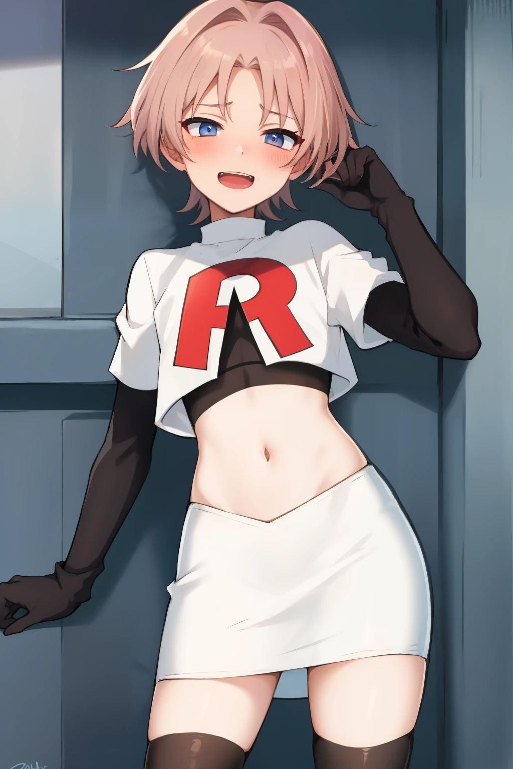 absurdres,masterpiece, trap, best quality, highres, high quality, 1boy, solo, male focus, hair, crossdressing,1boy,team rocket,team rocket uniform,white skirt,red letter R,crop top,black thigh-highs,black elbow gloves, evil laugh, blush