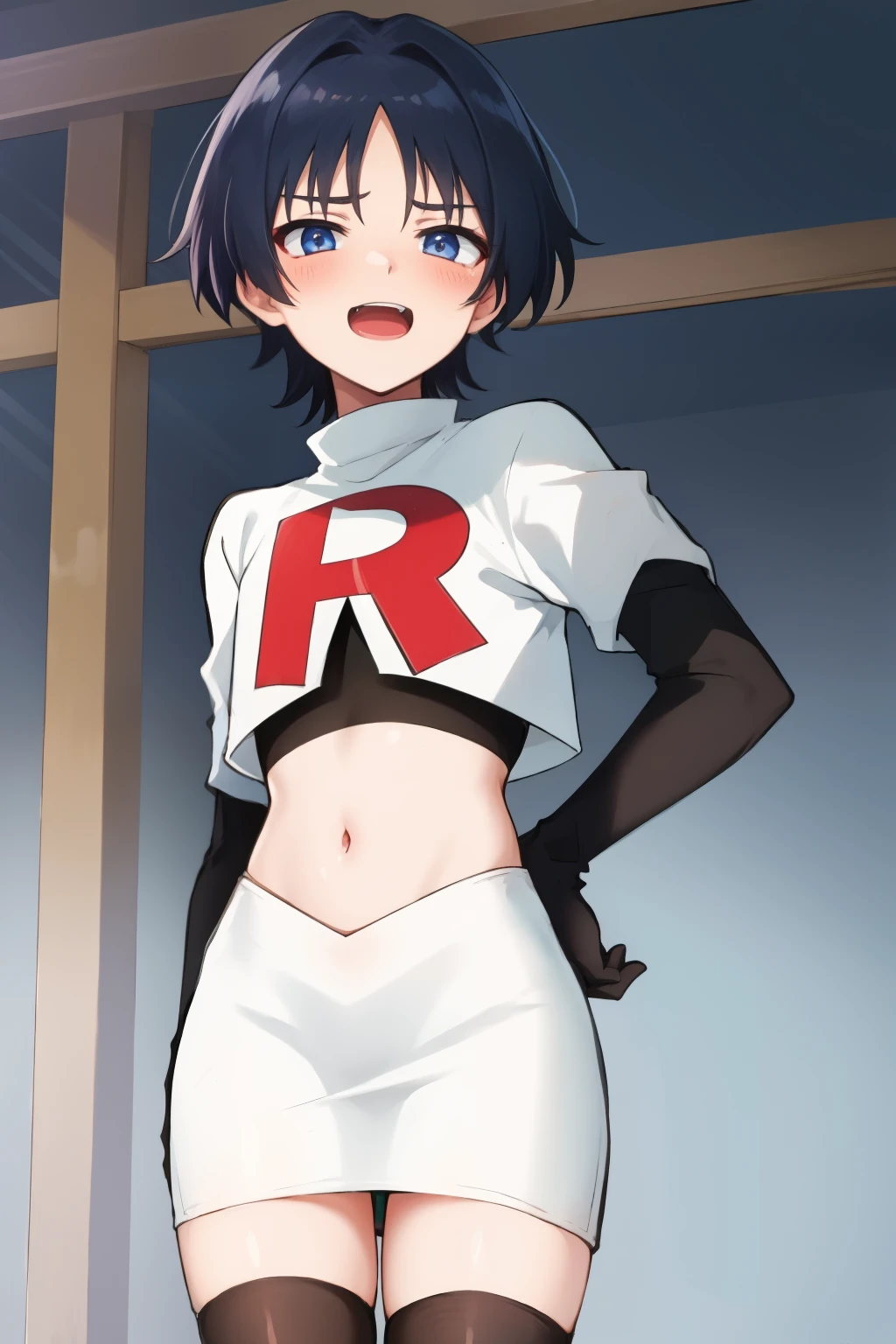 absurdres,masterpiece, trap, best quality, highres, high quality, 1boy, solo, male focus, hair, crossdressing,1boy,team rocket,team rocket uniform,white skirt,red letter R,crop top,black thigh-highs,black elbow gloves, evil laugh, blush