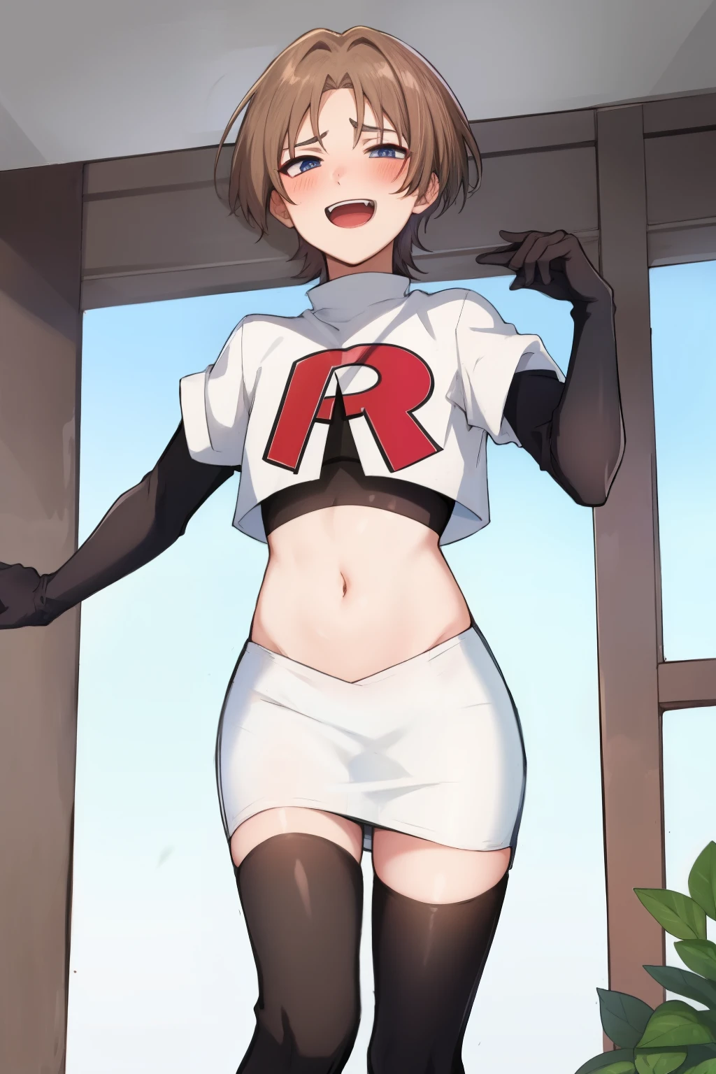 absurdres,masterpiece, trap, best quality, highres, high quality, 1boy, solo, male focus, hair, crossdressing,1boy,team rocket,team rocket uniform,white skirt,red letter R,crop top,black thigh-highs,black elbow gloves, evil laugh, blush