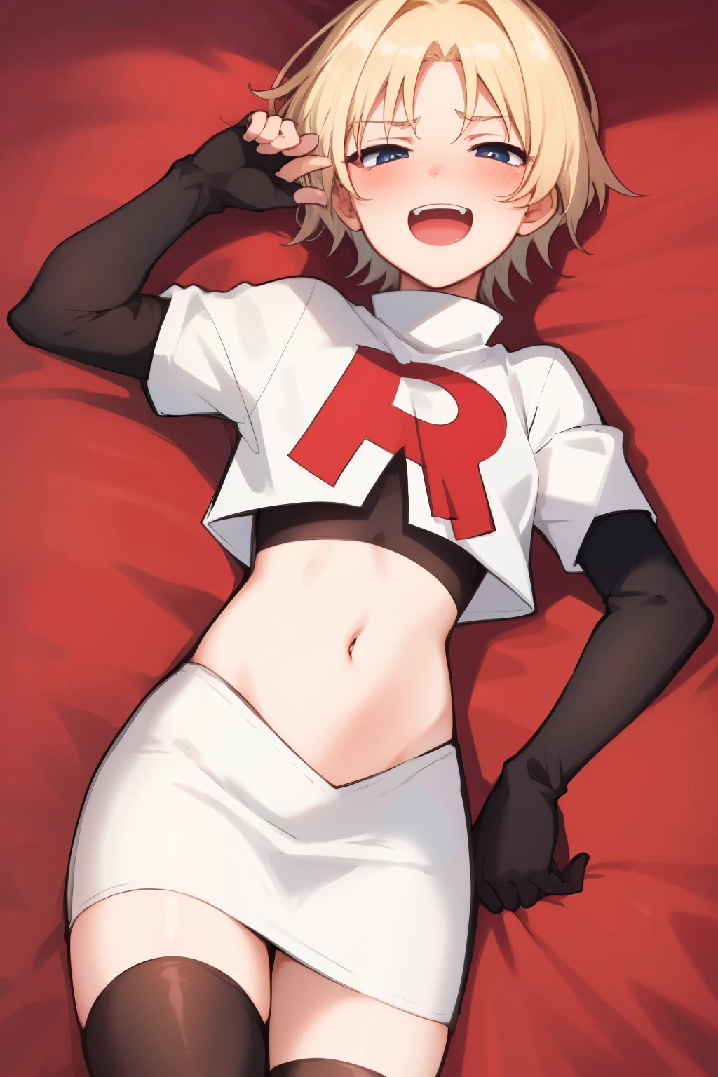 absurdres,masterpiece, trap, best quality, highres, high quality, 1boy, solo, male focus, hair, crossdressing,1boy,team rocket,team rocket uniform,white skirt,red letter R,crop top,black thigh-highs,black elbow gloves, evil laugh, blush