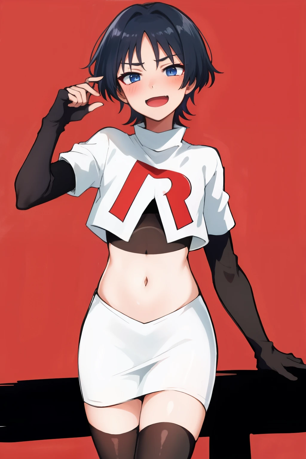 absurdres,masterpiece, trap, best quality, highres, high quality, 1boy, solo, male focus, hair, crossdressing,1boy,team rocket,team rocket uniform,white skirt,red letter R,crop top,black thigh-highs,black elbow gloves, evil laugh, blush