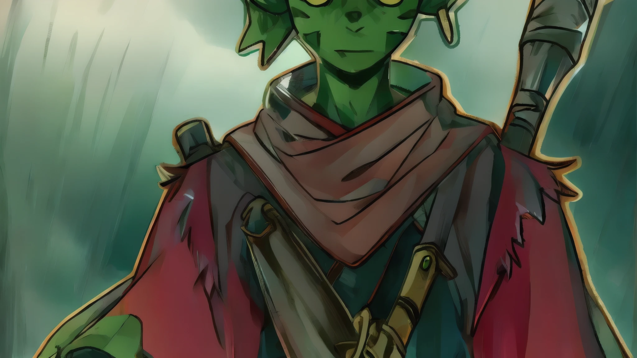 a cartoon image of a green elf with a sword and a scarf, retrato feminino de goblin, personagem dnd de garota goblin, medium Retrato de um duende, d&d goblin ladino, um duende pirata, Retrato de um duende, arte duende, arte oficial do personagem, jovem meio elfo bruxo, drak fantasia goblin, d&protagonista, como um personagem dnd. usando uma mascara branca