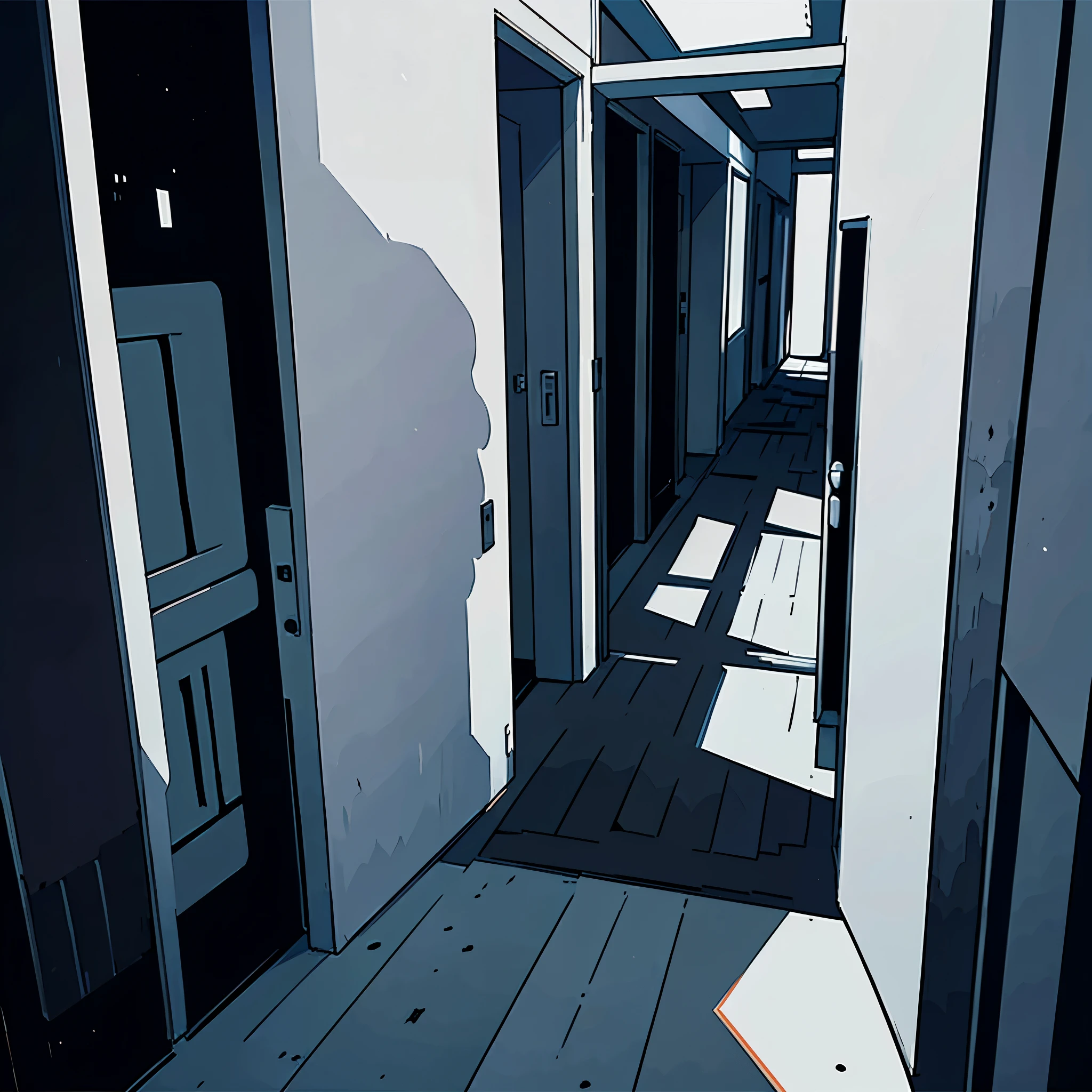 perfect anime illustration, dark, narrow corridor, A lot of doors, without people, no people, Closed doors, very long corridor, Blank Walls, darkened space